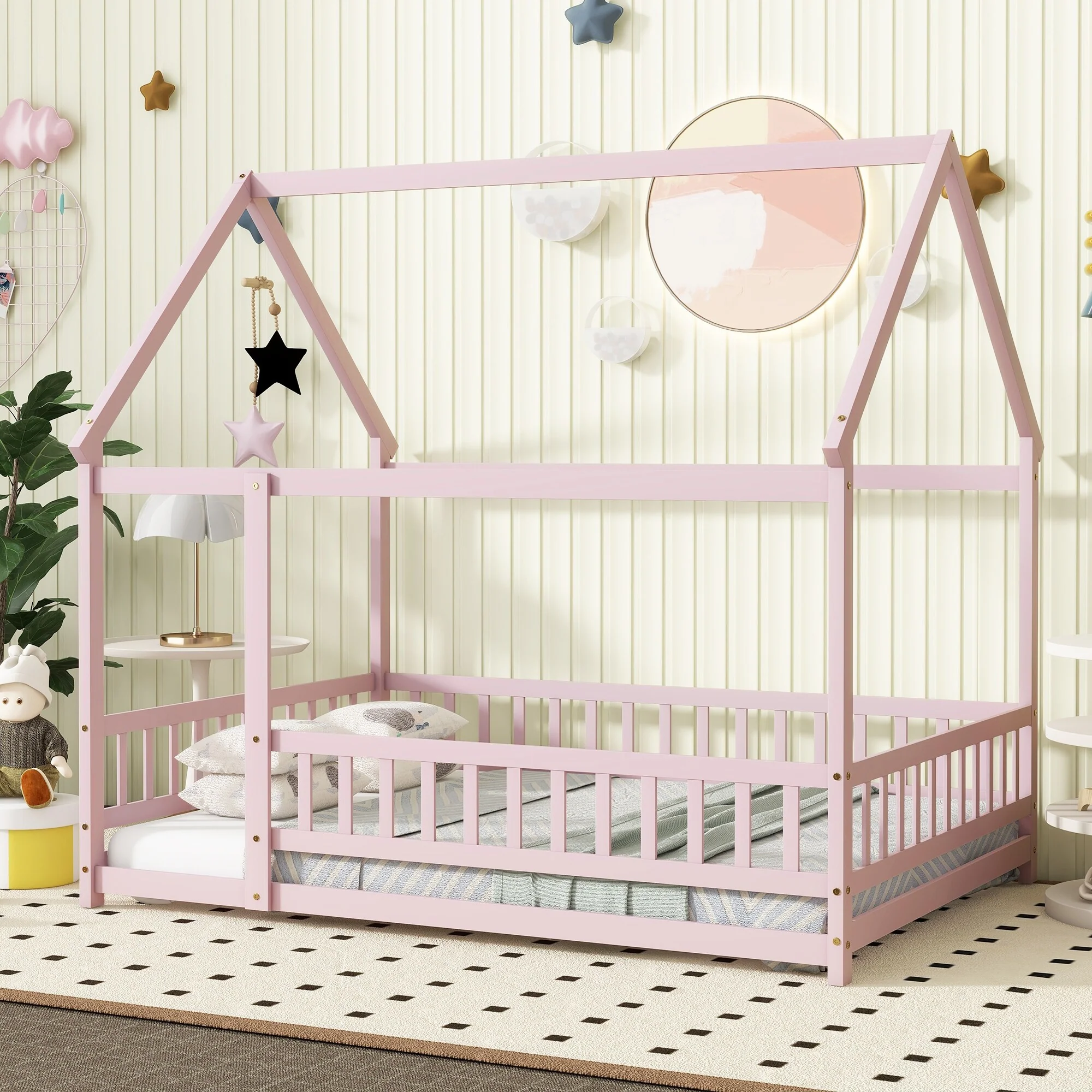 Full Size Wooden Floor Bed for Kids with House Roof Frame and Safety Guardrails