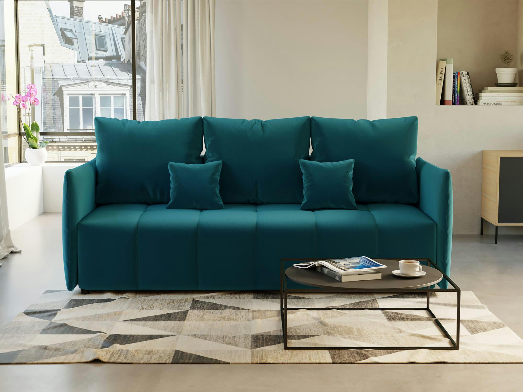 PETRA - Canapé droit convertible 3 places en velours bleu canard