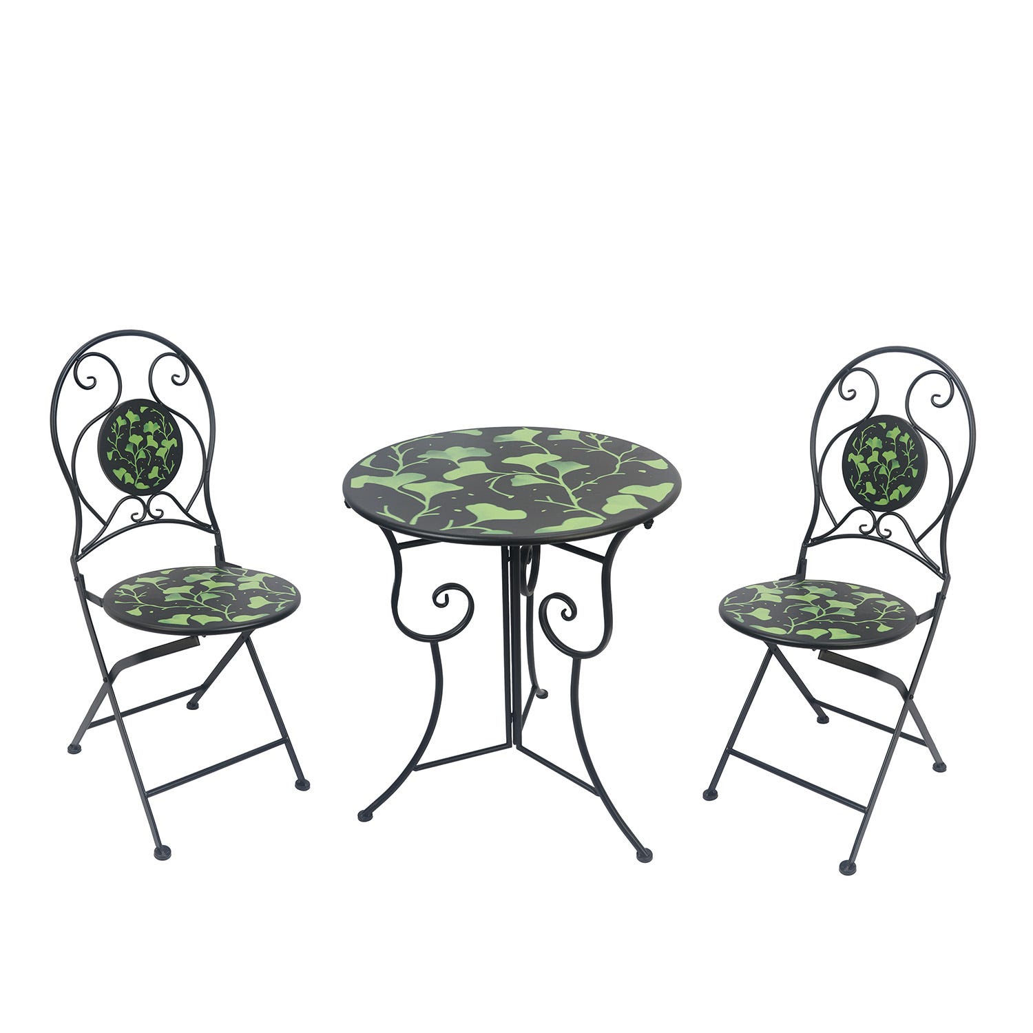 Set tavolo giardino e 2 sedie nero foglie ferro