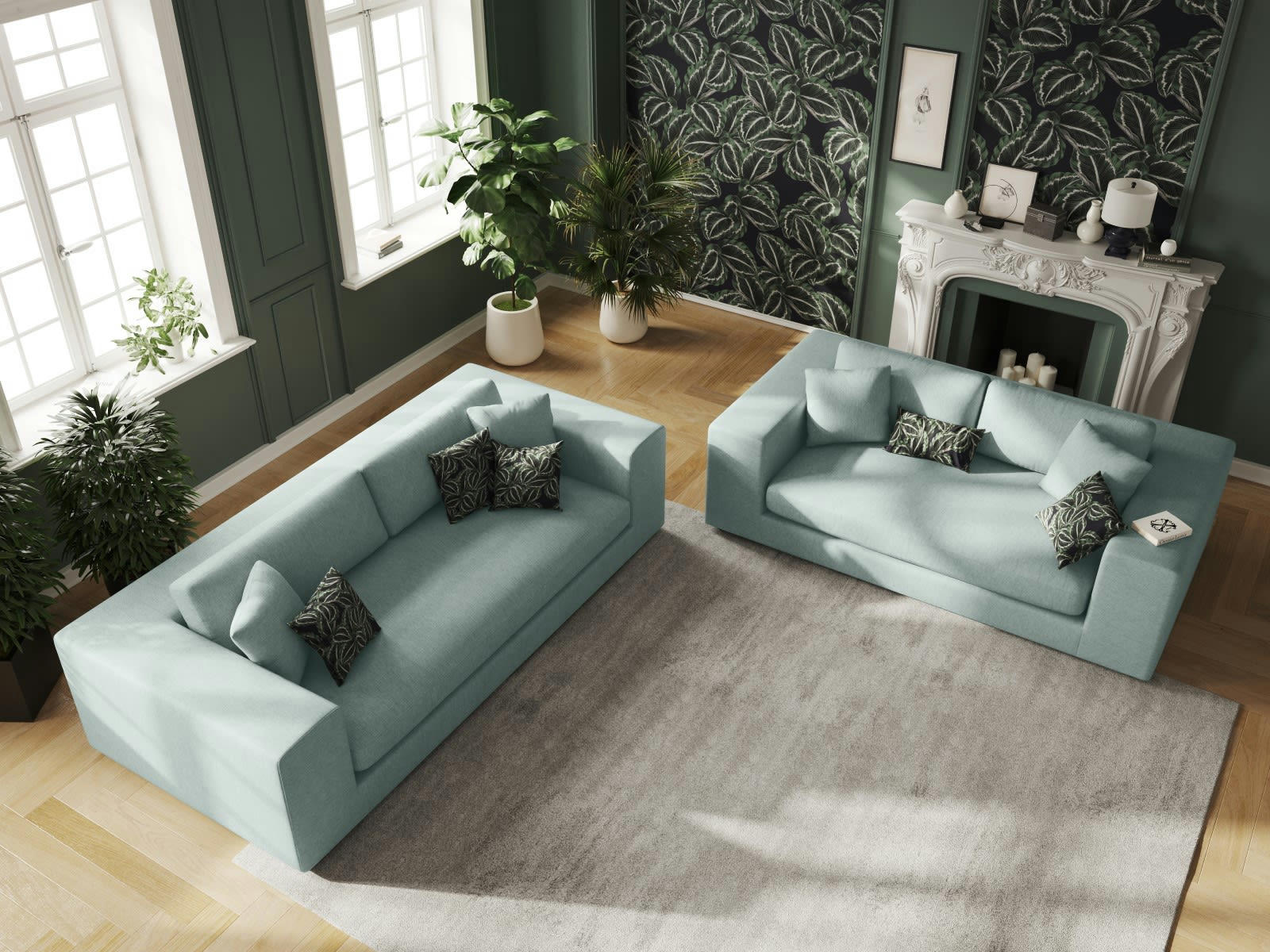 TENDANCE - Canapé 4 places en tissu structuré menthe