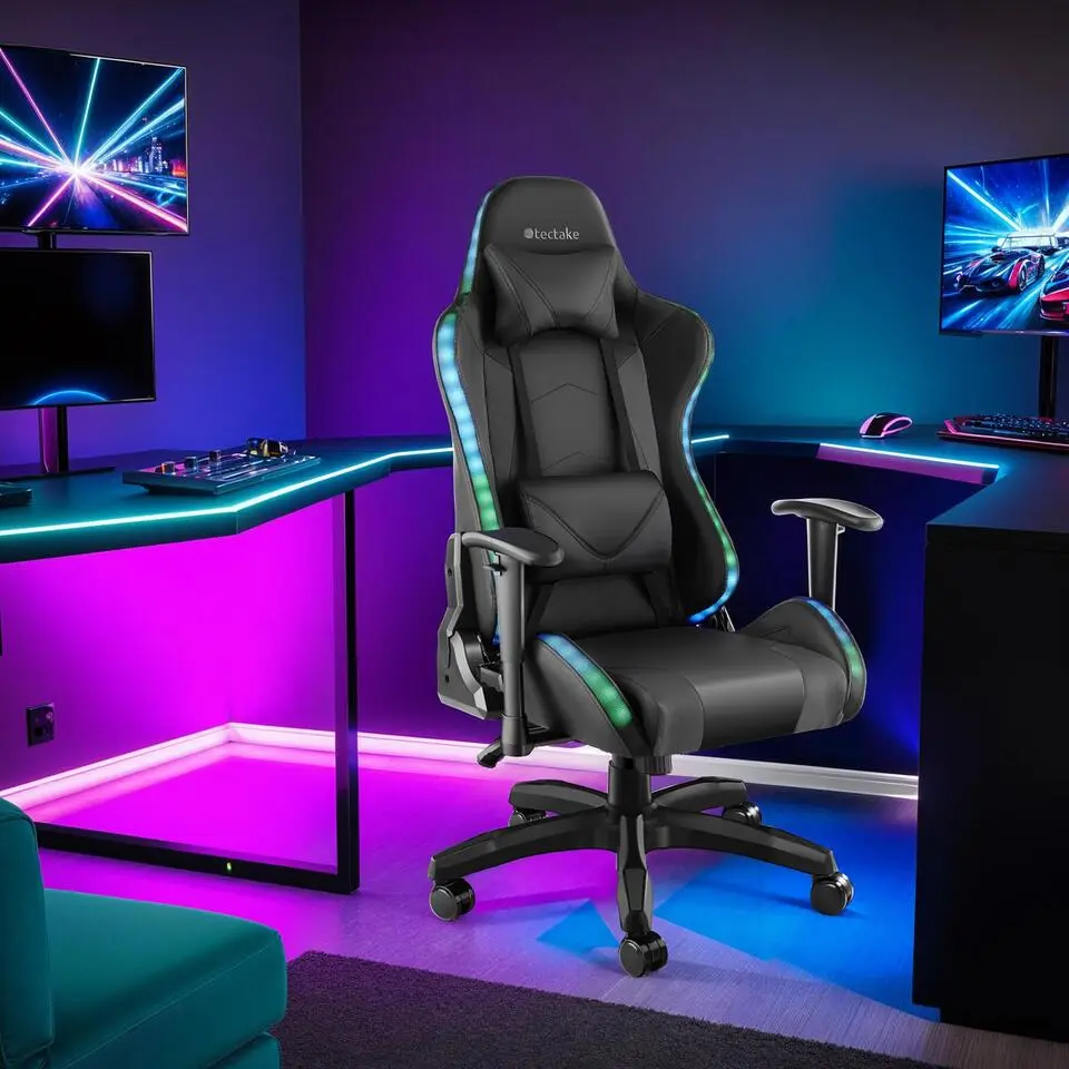 tectake Gaming stoel Tartaros, LED, massagefunctie, Zwart/Zwart