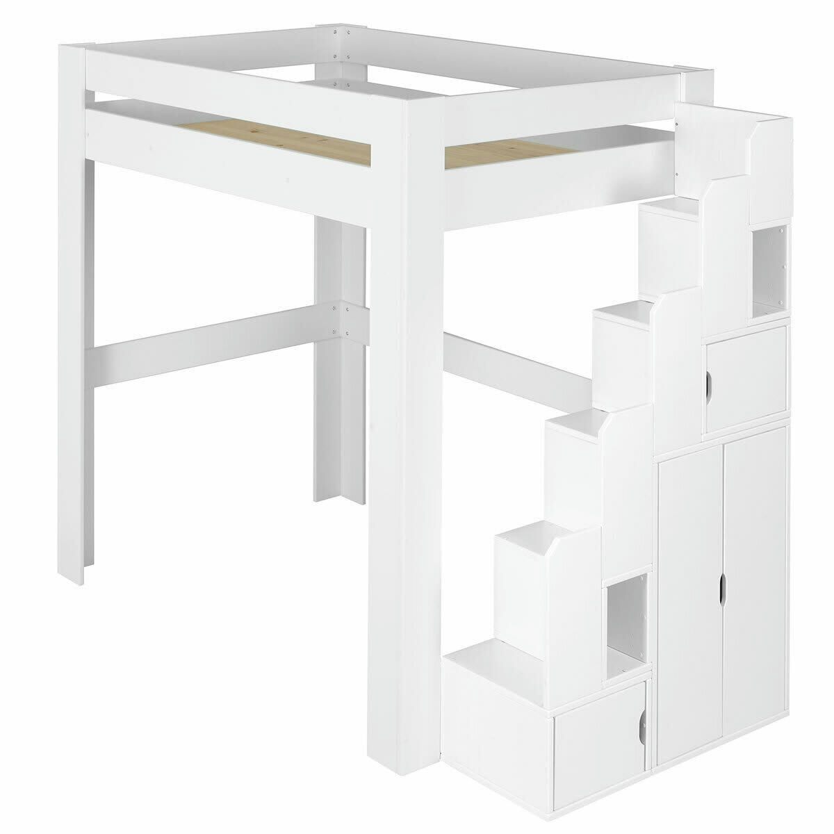 ALEX - Lit mezzanine escalier 90x190 cm bois massif blanc