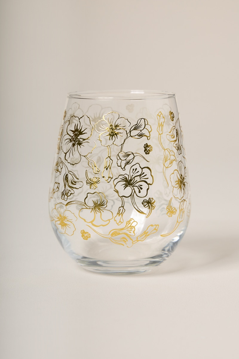 Gold Foil Floral Stemless Wine Glass