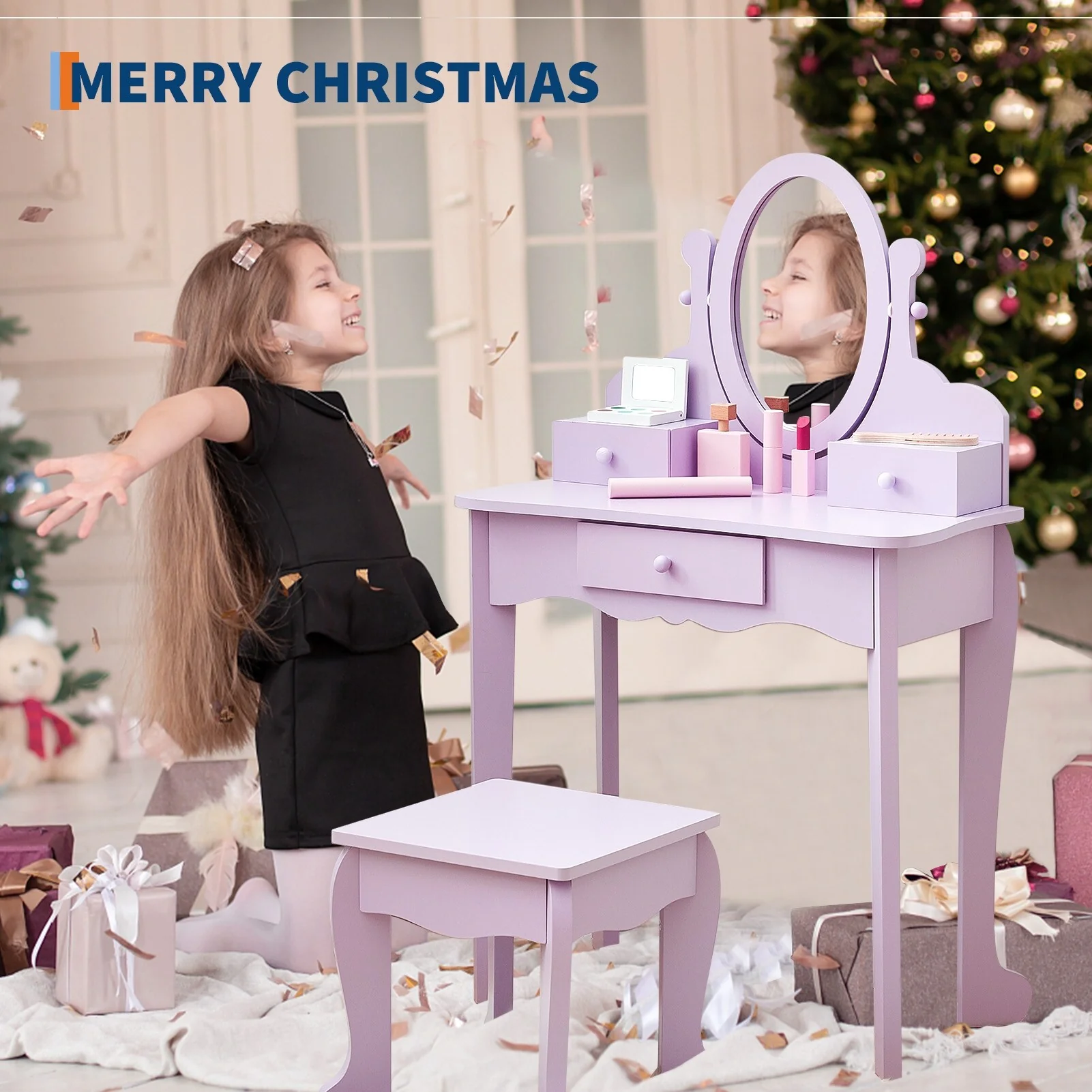 Kids Vanity Set with Mirror & Stool, Wooden Princess Makeup Dressing Table with Drawers for Girls Ages 4-9 - N/A