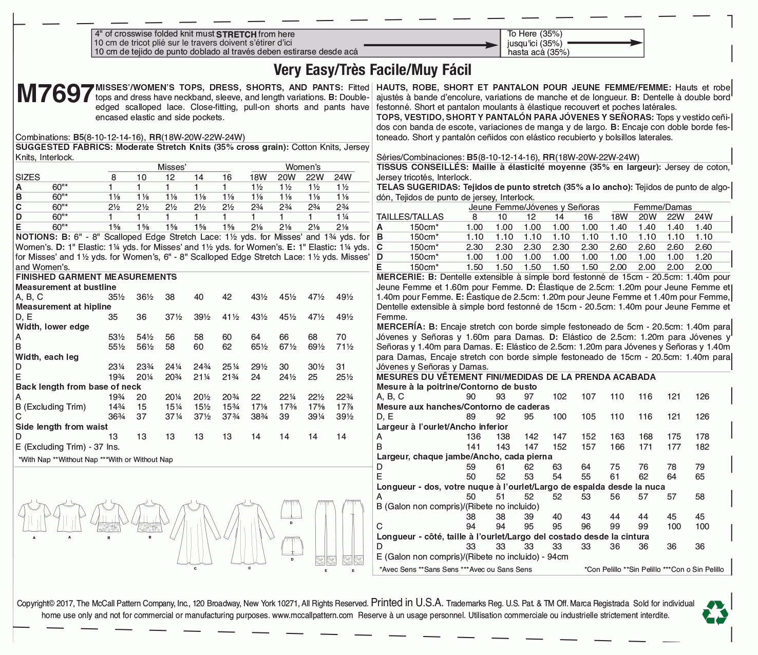 McCall's Pattern M7697 Misses'/Women's Lounge Tops, Dress, Shorts and Pants
