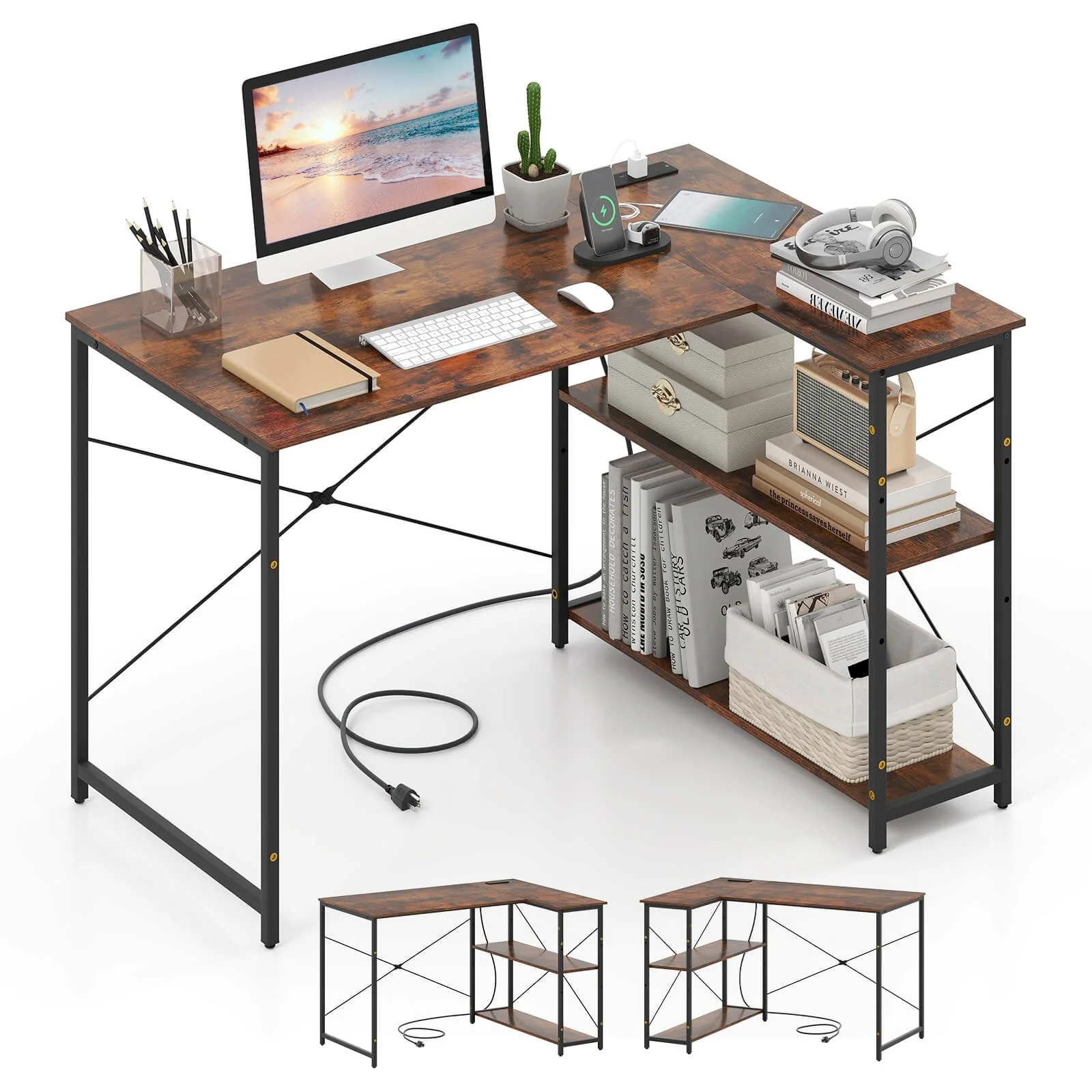Costway L-Shaped Computer Desk with Power Outlets Adjustable shelf