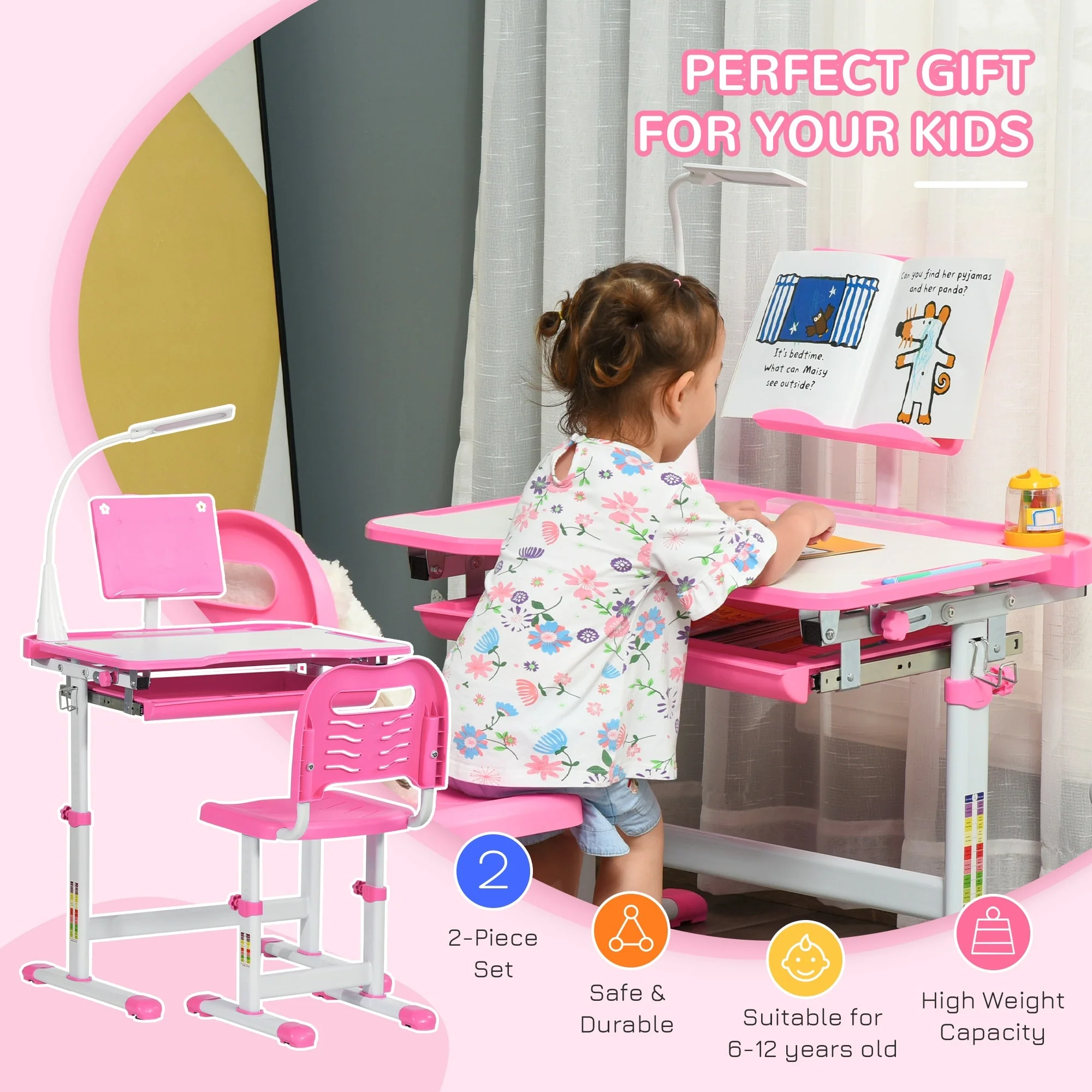 Kids Activity Table with Chair, Adjustable Height and Angle, Storage Drawer, and USB Light for Study and Arts
