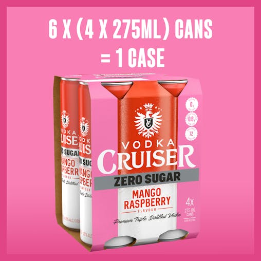 Vodka Cruiser Sugar Free Mango Raspberry, Refreshing Flavoured Pre-Mixed Vodka Drink, 4.6% ABV, 275mL (Case of 24 Cans)