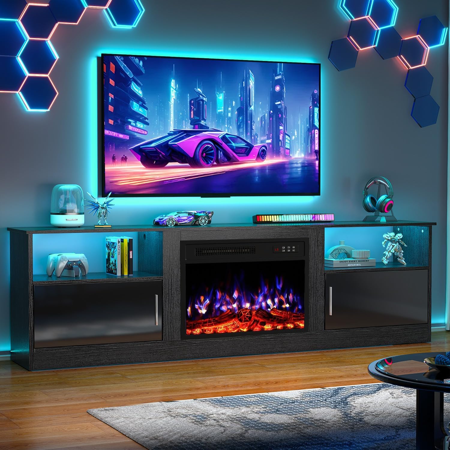 70 Fireplace TV Stand with 23 Electric Fireplace for TVs Up to 80 inch, Modern LED Light Entertainment Center with High Gloss Storage Cabinet, Media TV Consoles for Living Room (Black, 70)