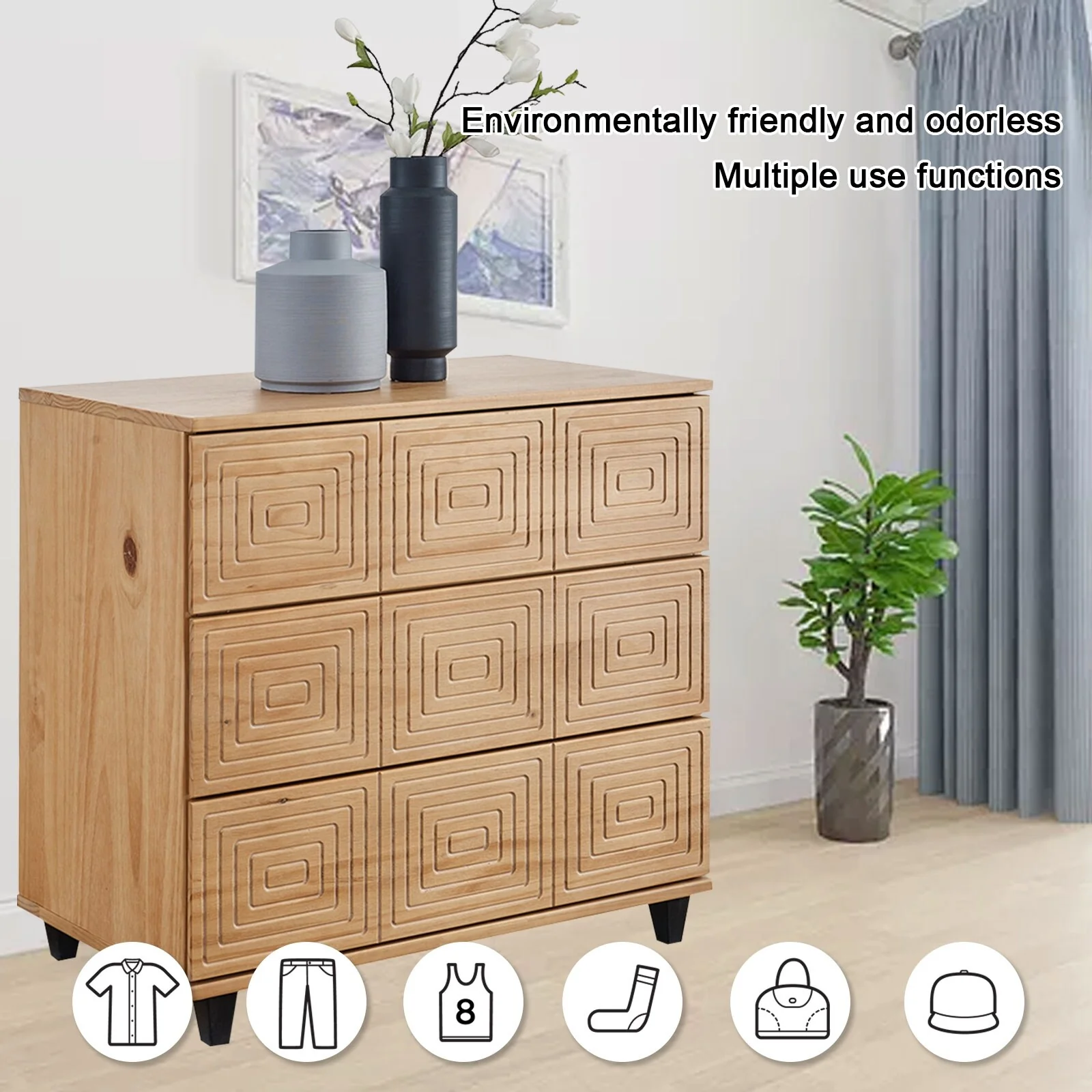 MUSEHOMEINC Solid Wood 3 Drawer Dresser for Bedroom-Mix Color Modern Chests of Drawers for Bedroom/Living Room