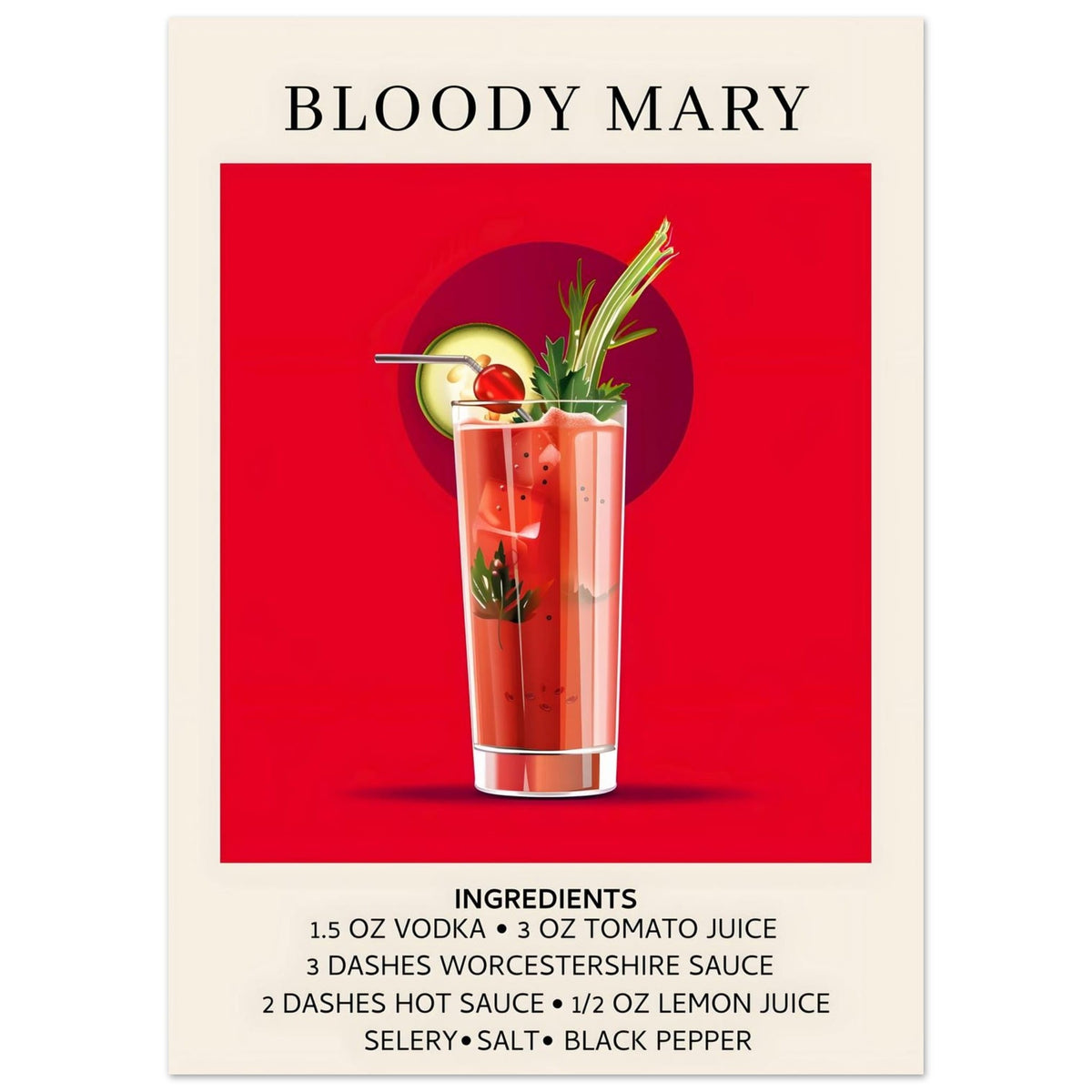 Artfulprints Poster Bloody Mary cocktail - Ingrediënten  - 50x70 cm - Rood
