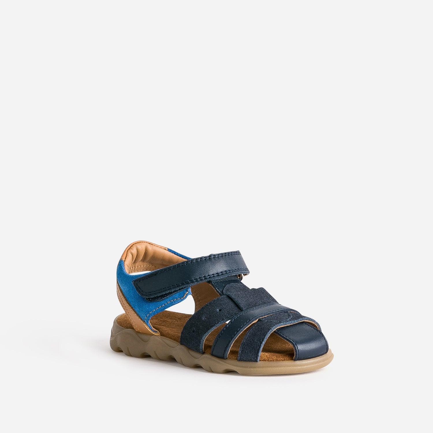 Sandale BUGGY marine, bleue et camel cuir velours