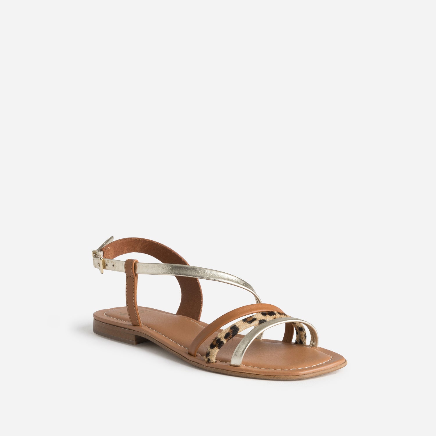Sandale cognac, doré, motif léopard cuir
