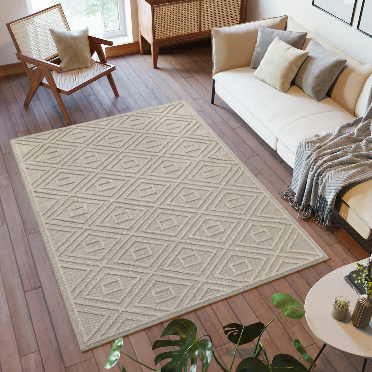 JUDE - Tapis effet jute naturel à relief pavés beige 80x250cm