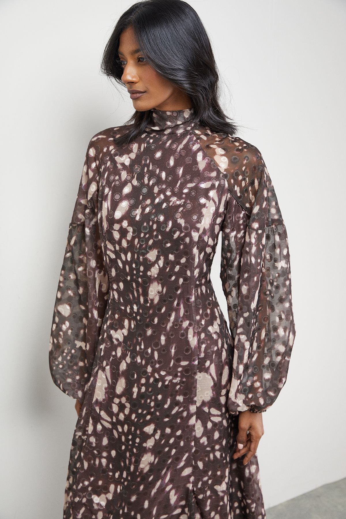 Warehouse Paisley Burnout Spot High Neck Godet Midi Dress