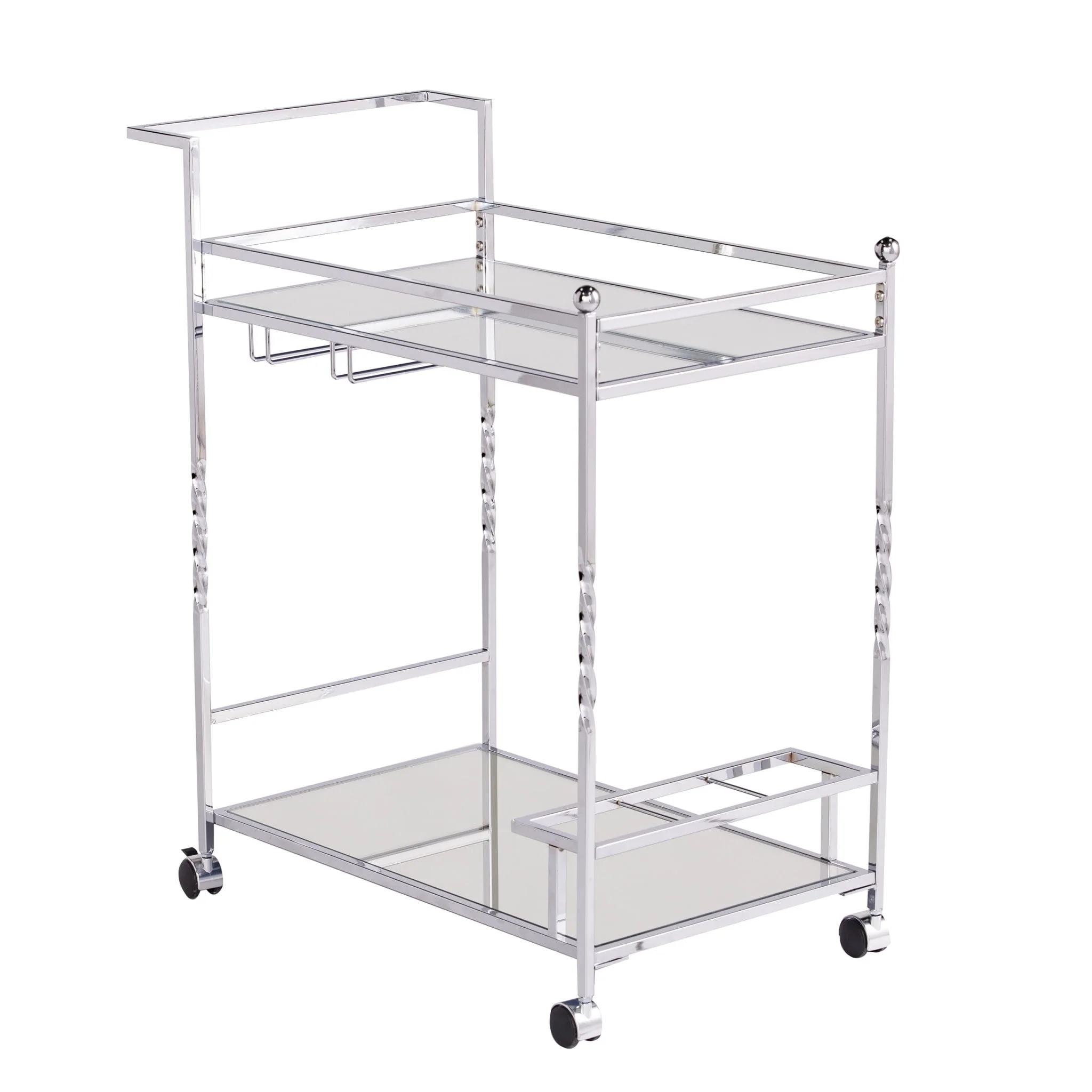 Mirrored Glass Bar Cart with Wheels and Metal Wine Rack - 29” x 15.75” x 31.5”