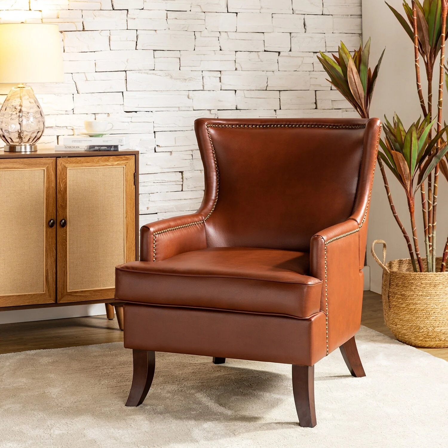Angeles Mid-century Modern Ergonomic Vegan Leather Armchair with Wingback by HULALA HOME