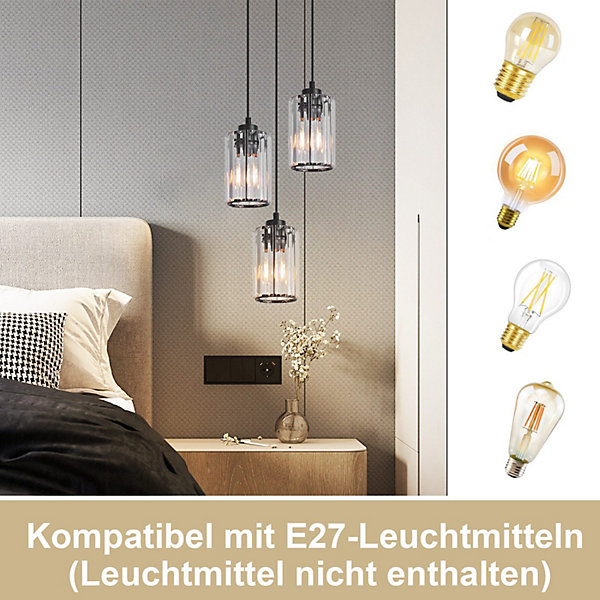 NETTLIFE Lampe à Suspension Pour Table à Manger En Cristal Noir Moderne 3 Flammes E27