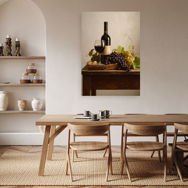 Obraz do salonu biura kuchni, Butelka wina winogron martwa natura 20x30