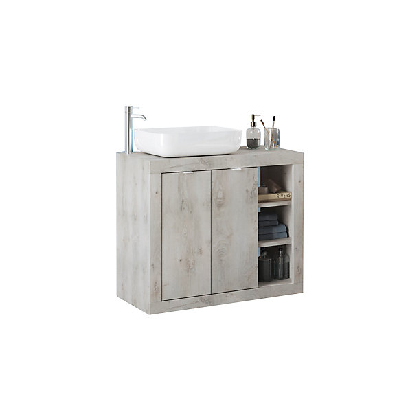 Ensemble salle de bain, meuble miroir vasque BASIC pin blanc, 110 x 78 x 45 cm