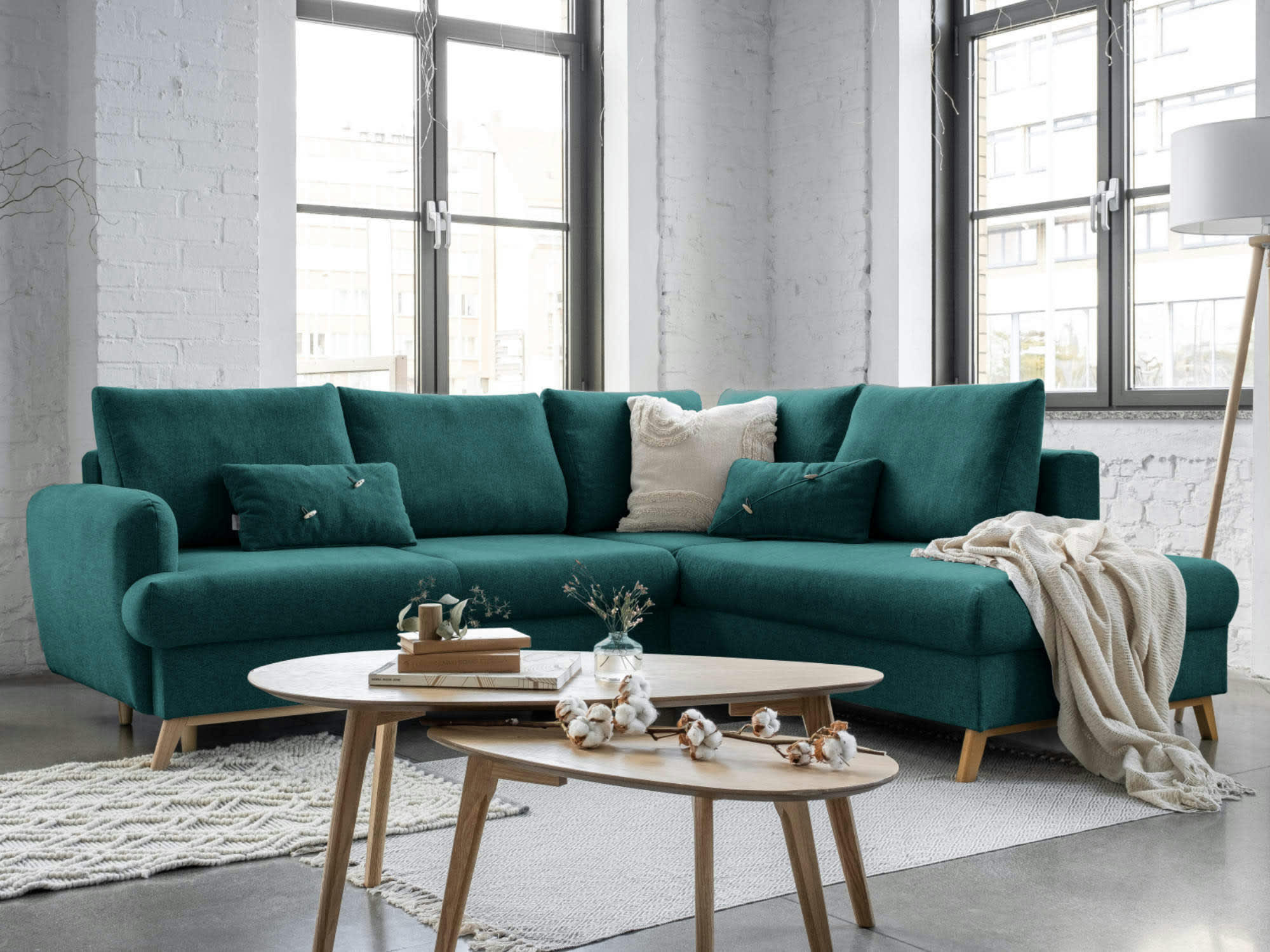 LAGOM - Canapé d'angle droit convertible 5 places en tissu bleu canard