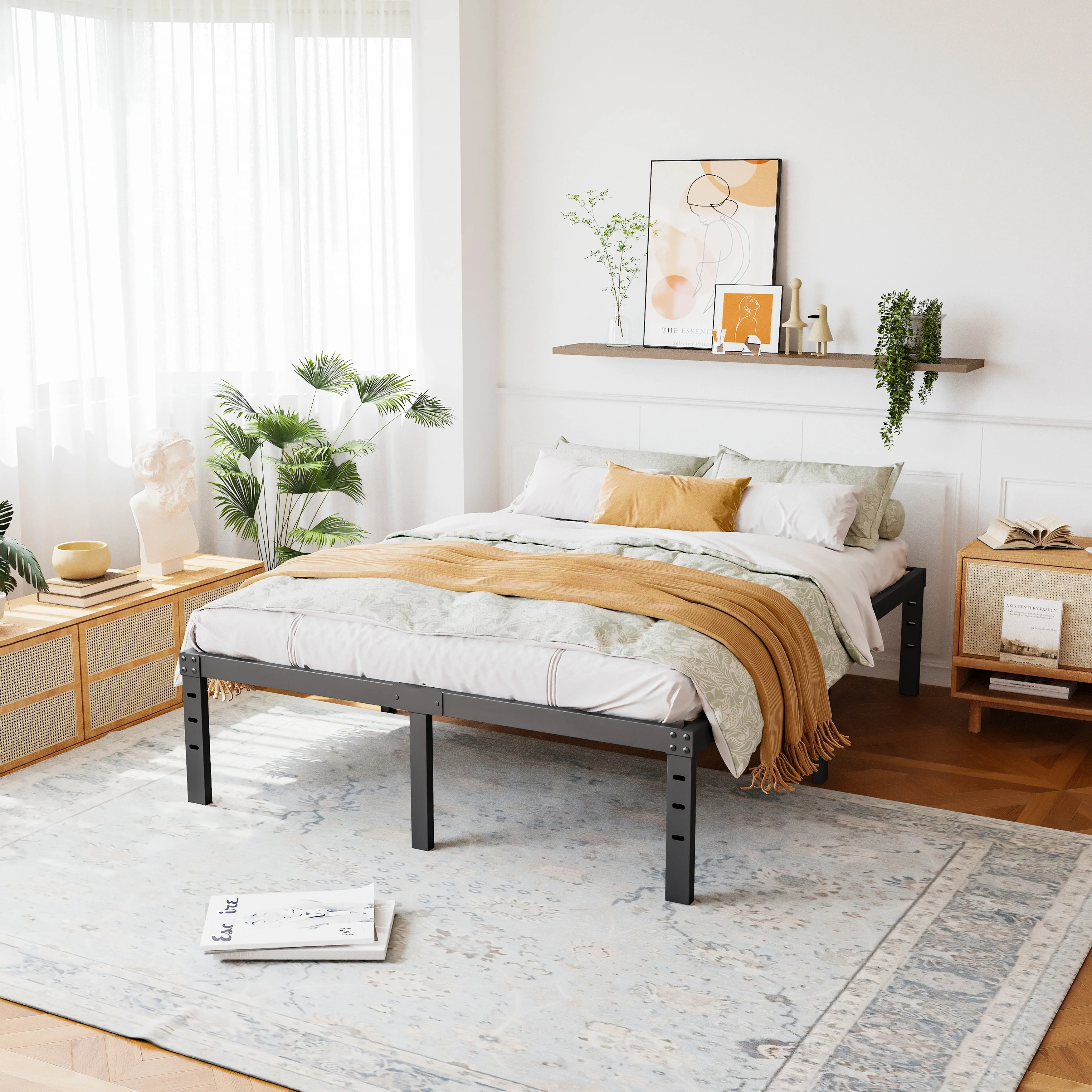 18 Inch Black Metal Platform Bed Frame With Wood Slats Support