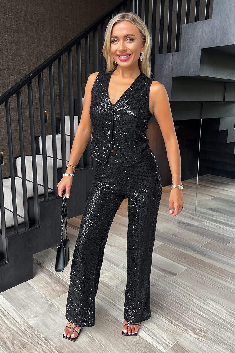 AX Paris Black Sequin High Waist Flared Trousers