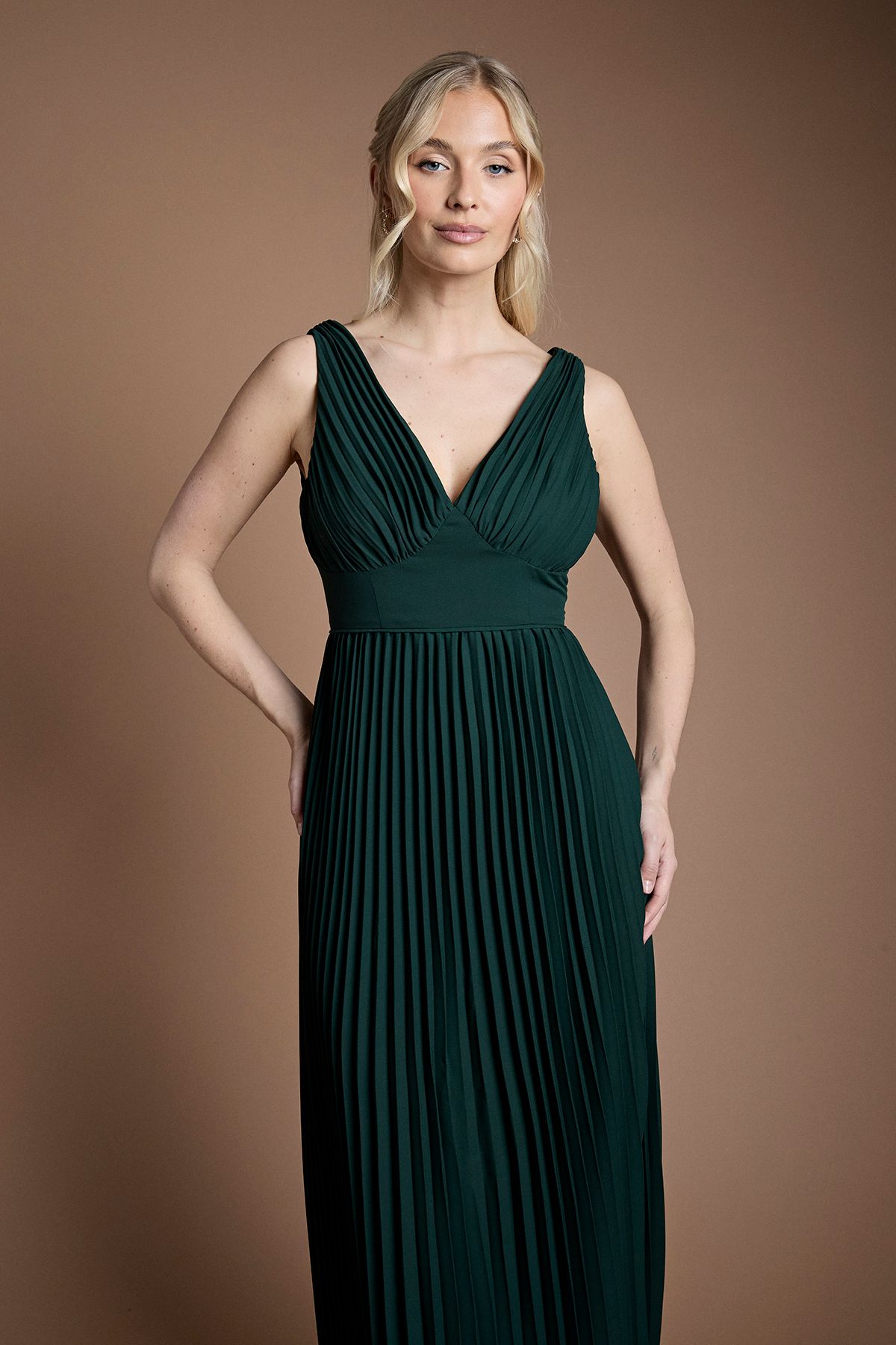 Coast Pleated Plunge Neck Maxi Bridesmaid Dress