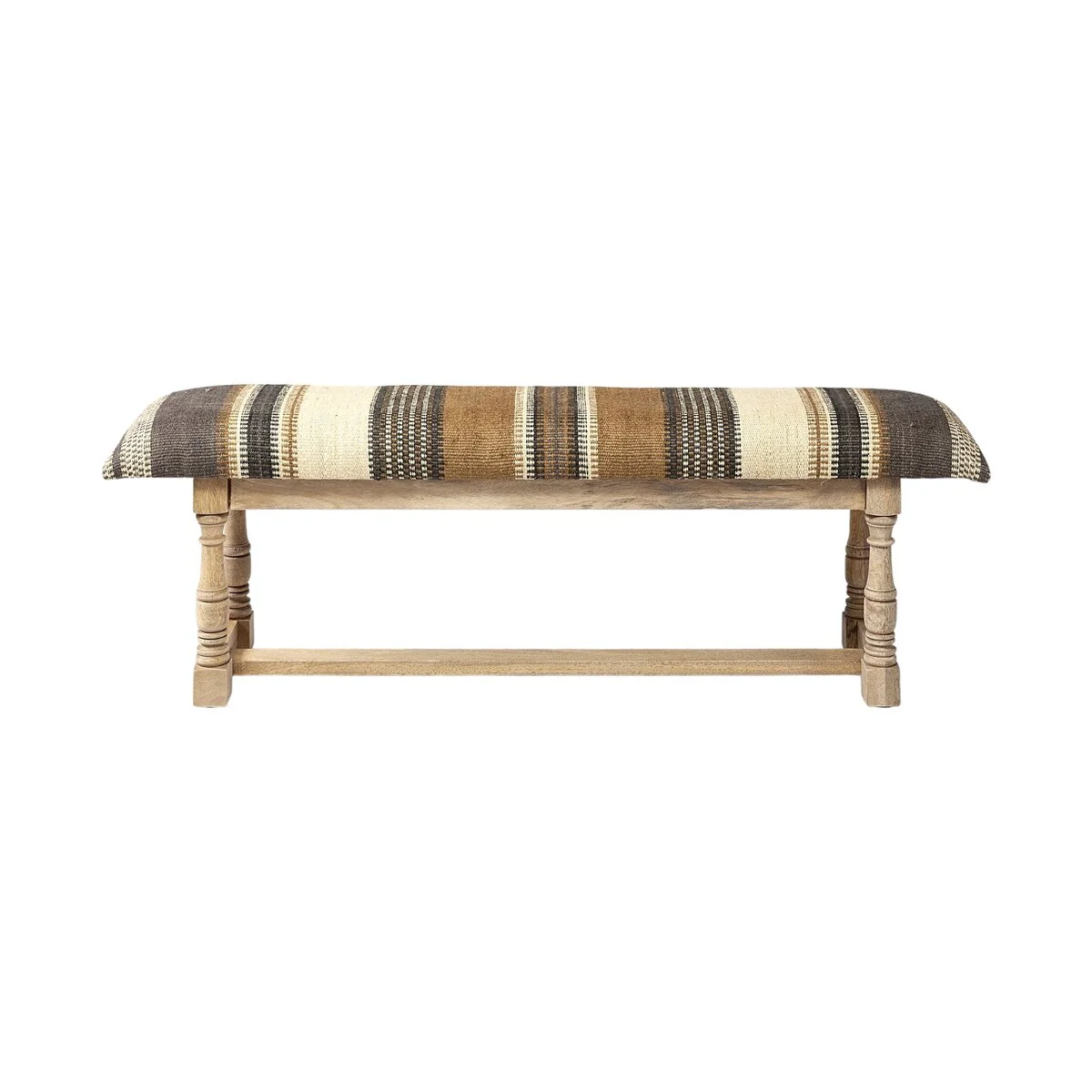 59 Inch Upholstered Jute Bench in Beige and Brown with Solid Wood Legs - 59” x 14.3” x 19”
