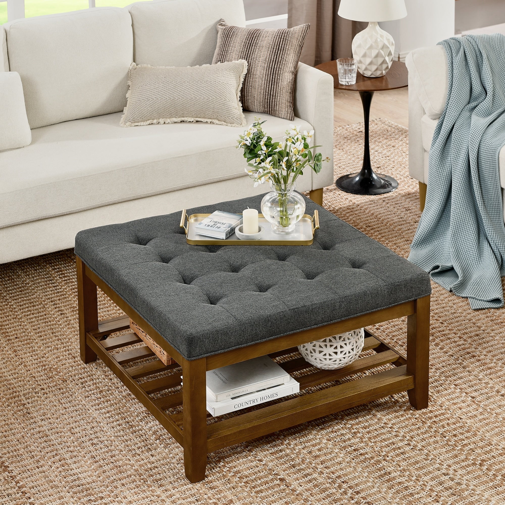 Upholstered Coffee Table Tufted Linen Large Square Ottoman with Beech Wood Shelf and Frame,Oversized Footrest Ottoman