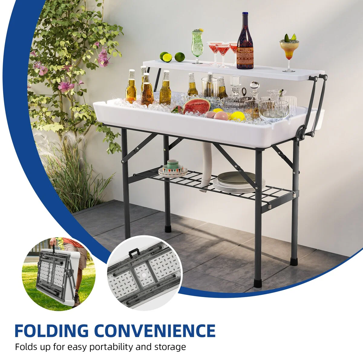 Portable Two-Tier Ice Table Folding Ice Cooler Table with Drain and Detachable Skirt