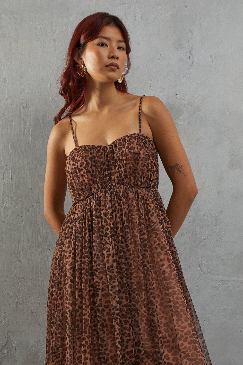 Warehouse Tulle Animal Print Strappy Bandeau Maxi Dress