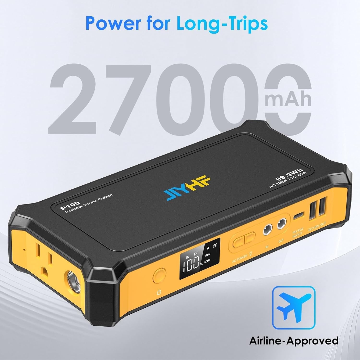 JIYHF Portable Power Station 99.9Wh, Backup Power with 65W USB-C PD, 100W AC Outlet, 12V DC Output, LED Light for Camping, Home Backup, Emergency, RV