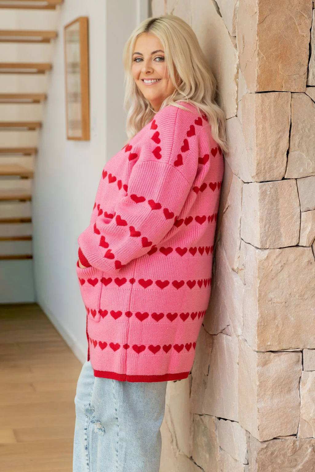 Devon Knit Cardi in Pink/Red Hearts