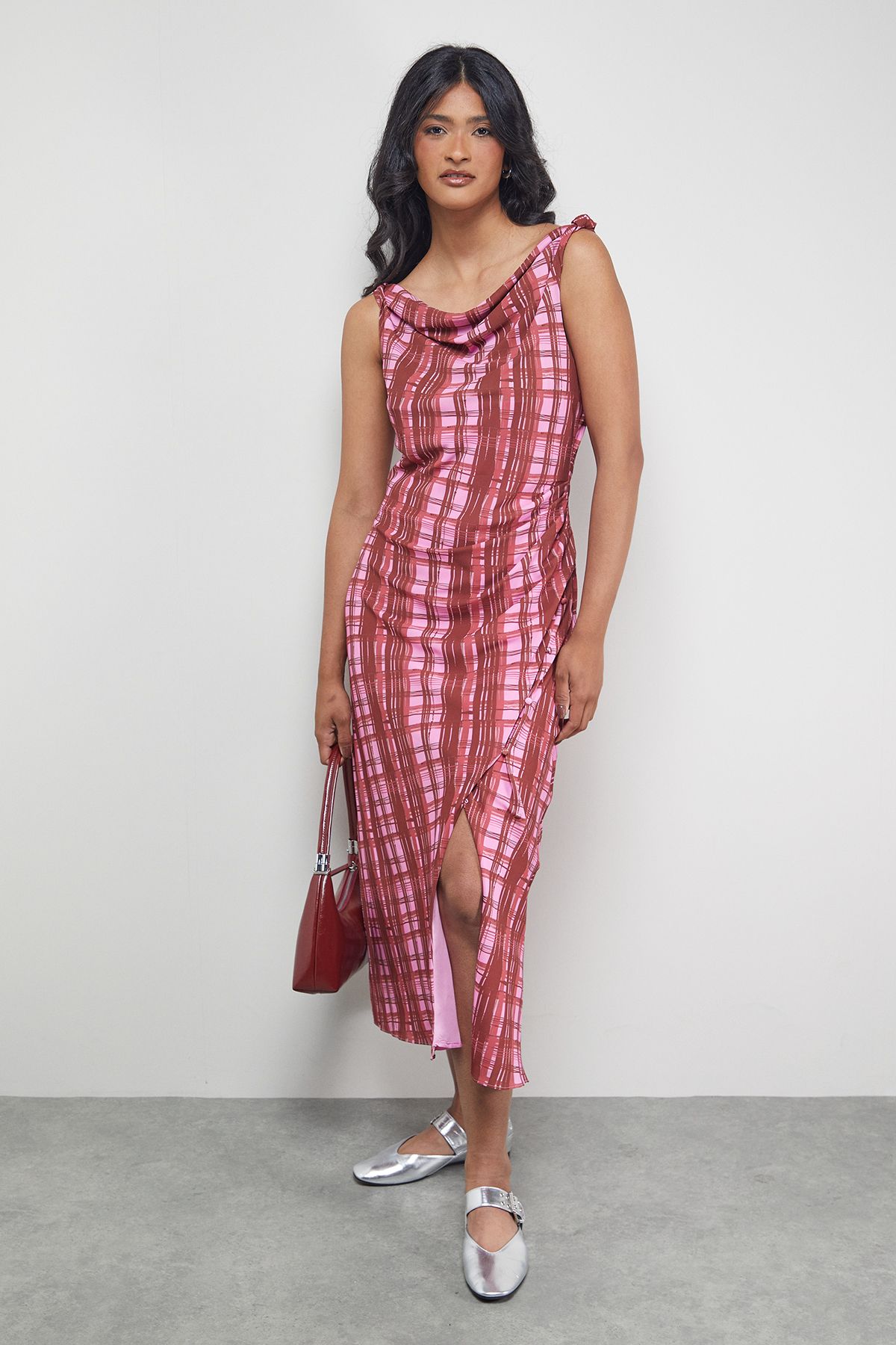 Warehouse Tony Chiffon Cowl Button Wrap Midi Slip Dress