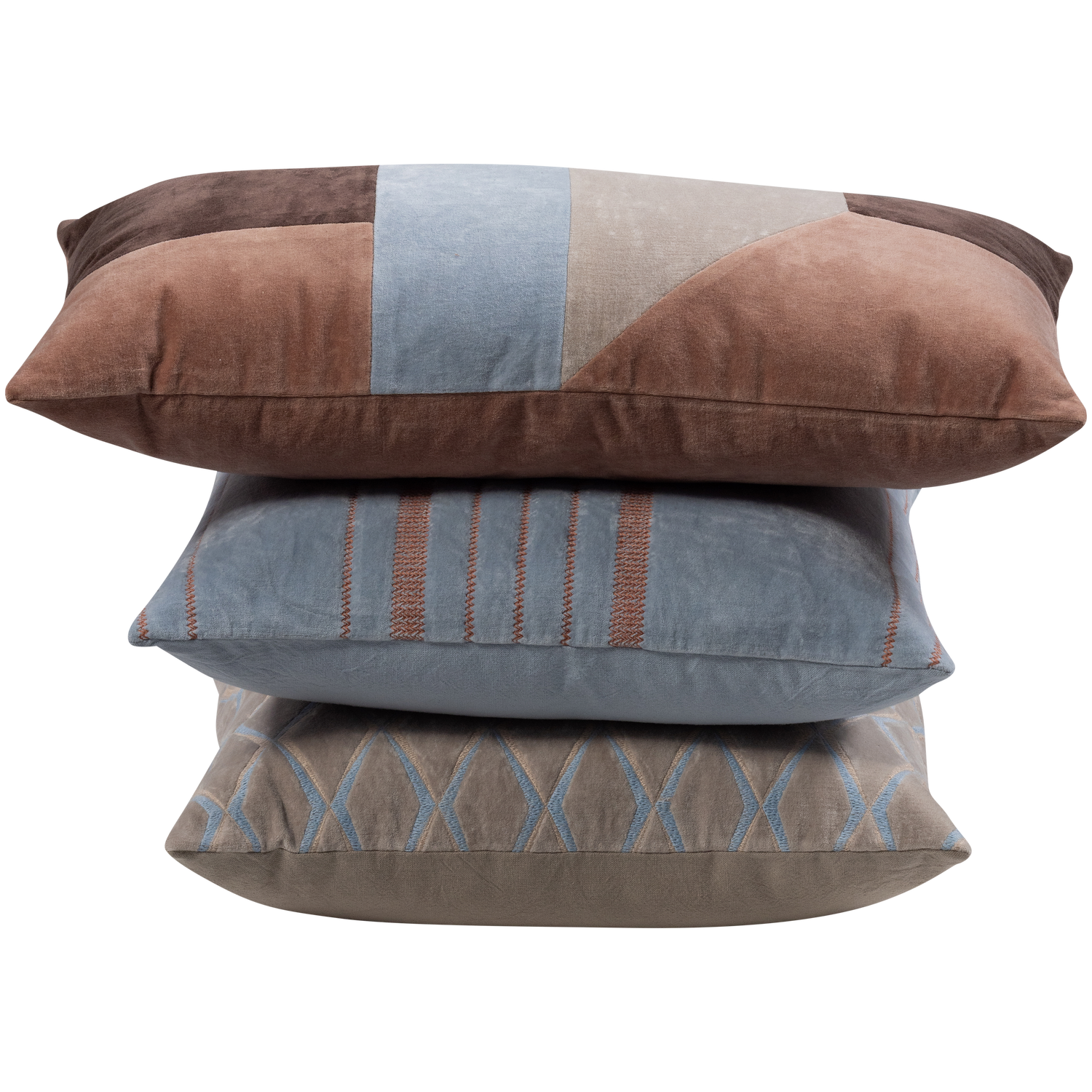 WOOOD kussens Laon - Velvet stof - Naturel/Blauw - Set Van 3