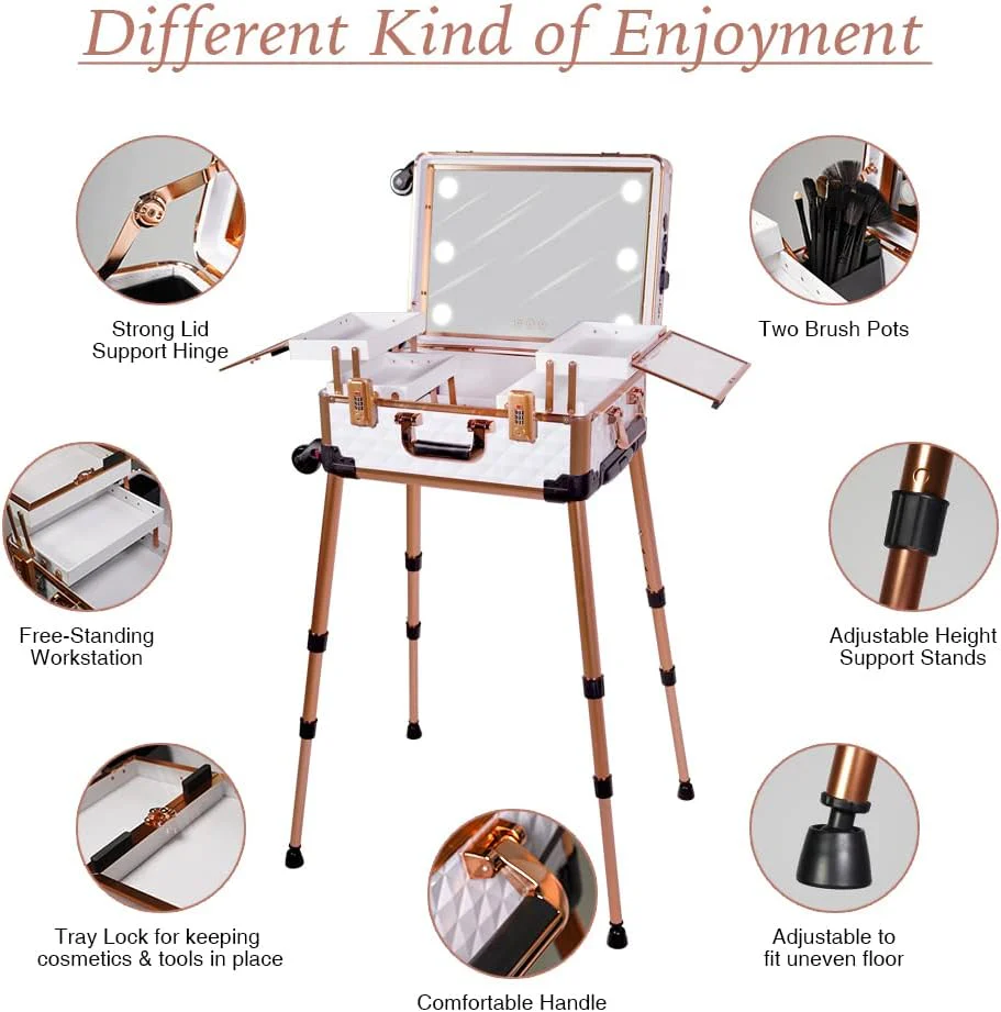 Medium Makeup Train Case with Code Lock, Lighted Mirror, Speaker Travel Cosmetic Organizer Box, Professional Artist Trolley Studio Free Standing Case(rose gold)