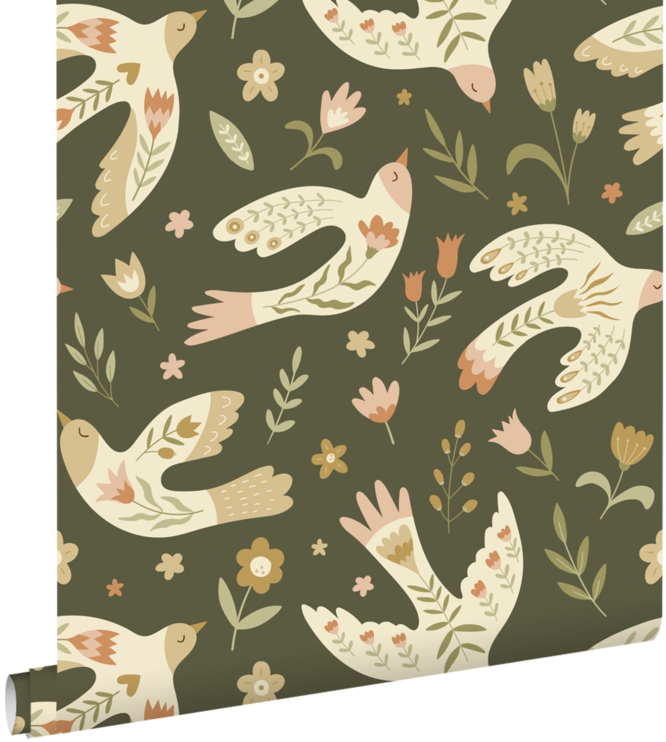 ESTAhome behang bloemen en vogels groen - 50 x 900 cm - 131756