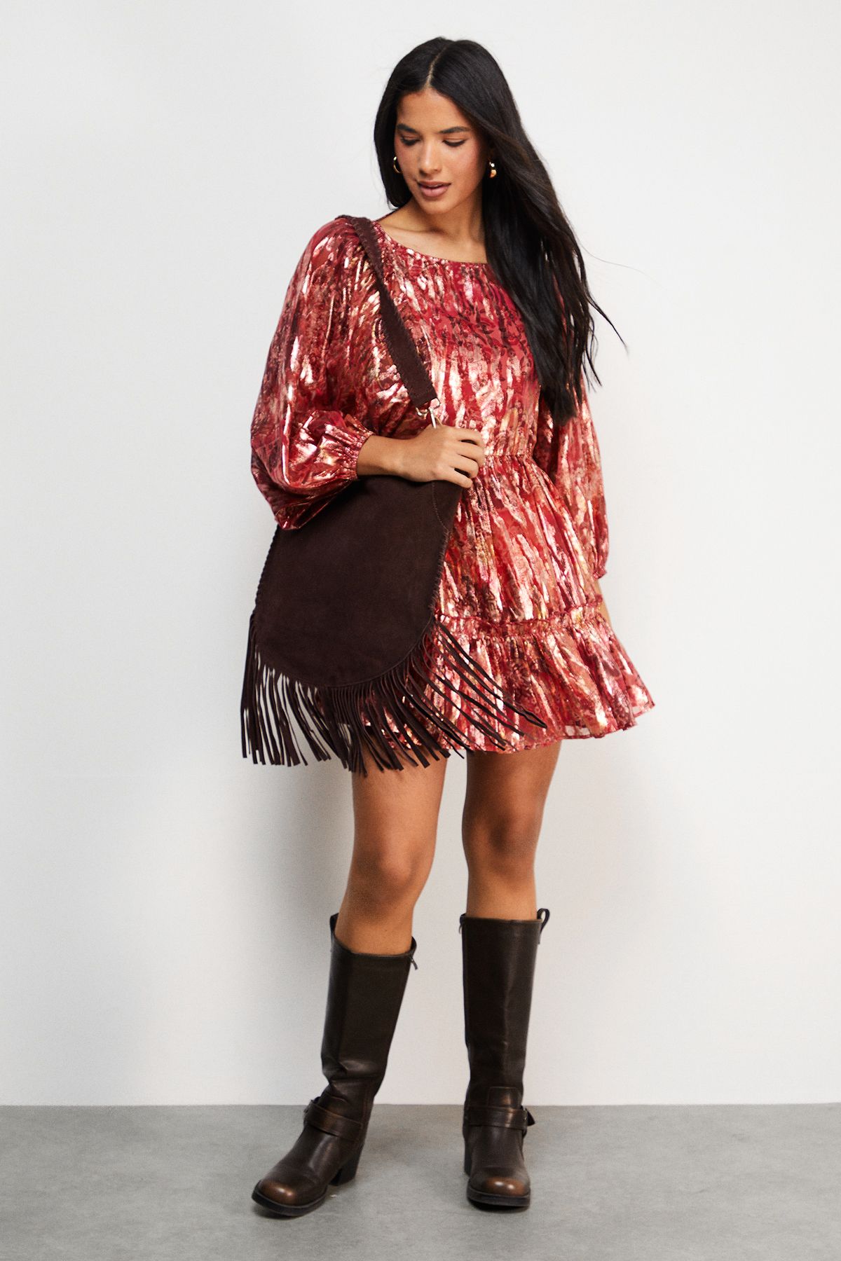 Warehouse Metallic Jacquard Volume Sleeve Mini Dress