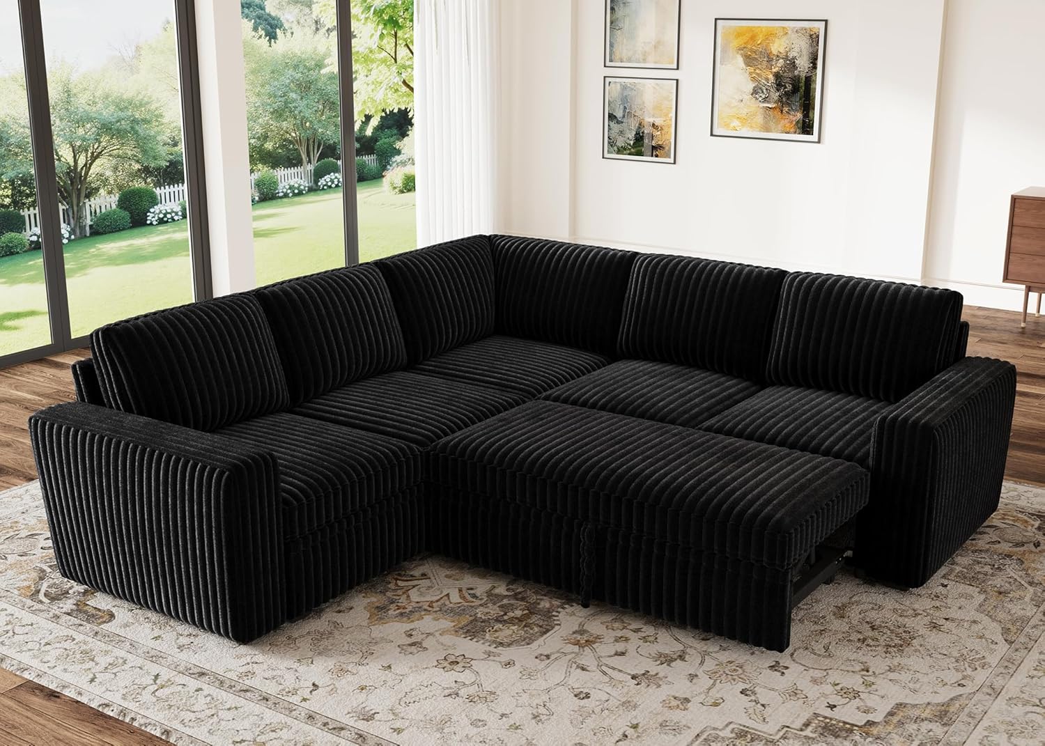 HONBAY Modular Sectional Sleeper Sofa with Pull Out Bed,Corduroy L Shaped Couch with Storage, Sectional Couches for Living Room,Black