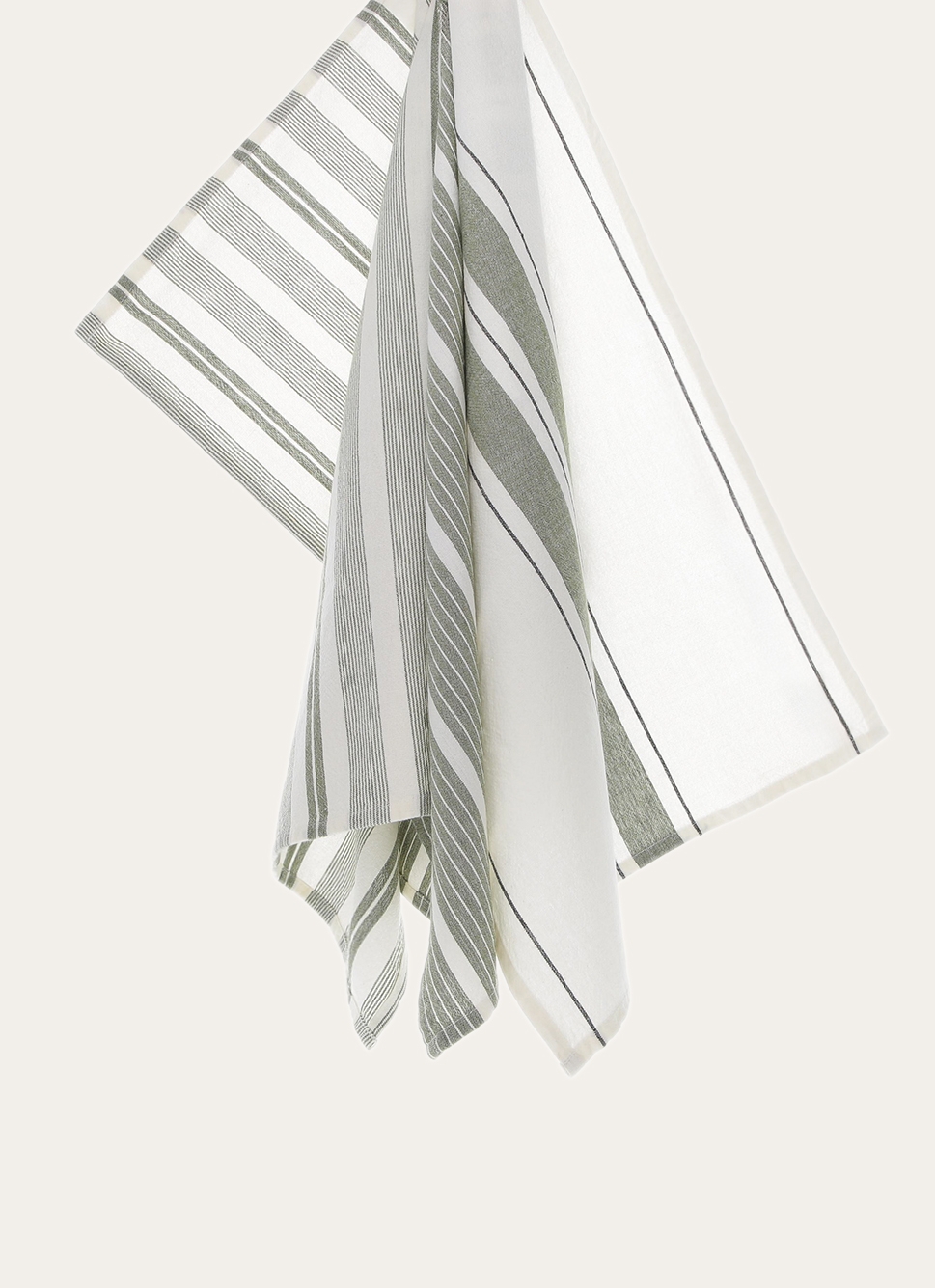 LOT DE 3 TORCHONS EN COTON à RAYURES KAKI