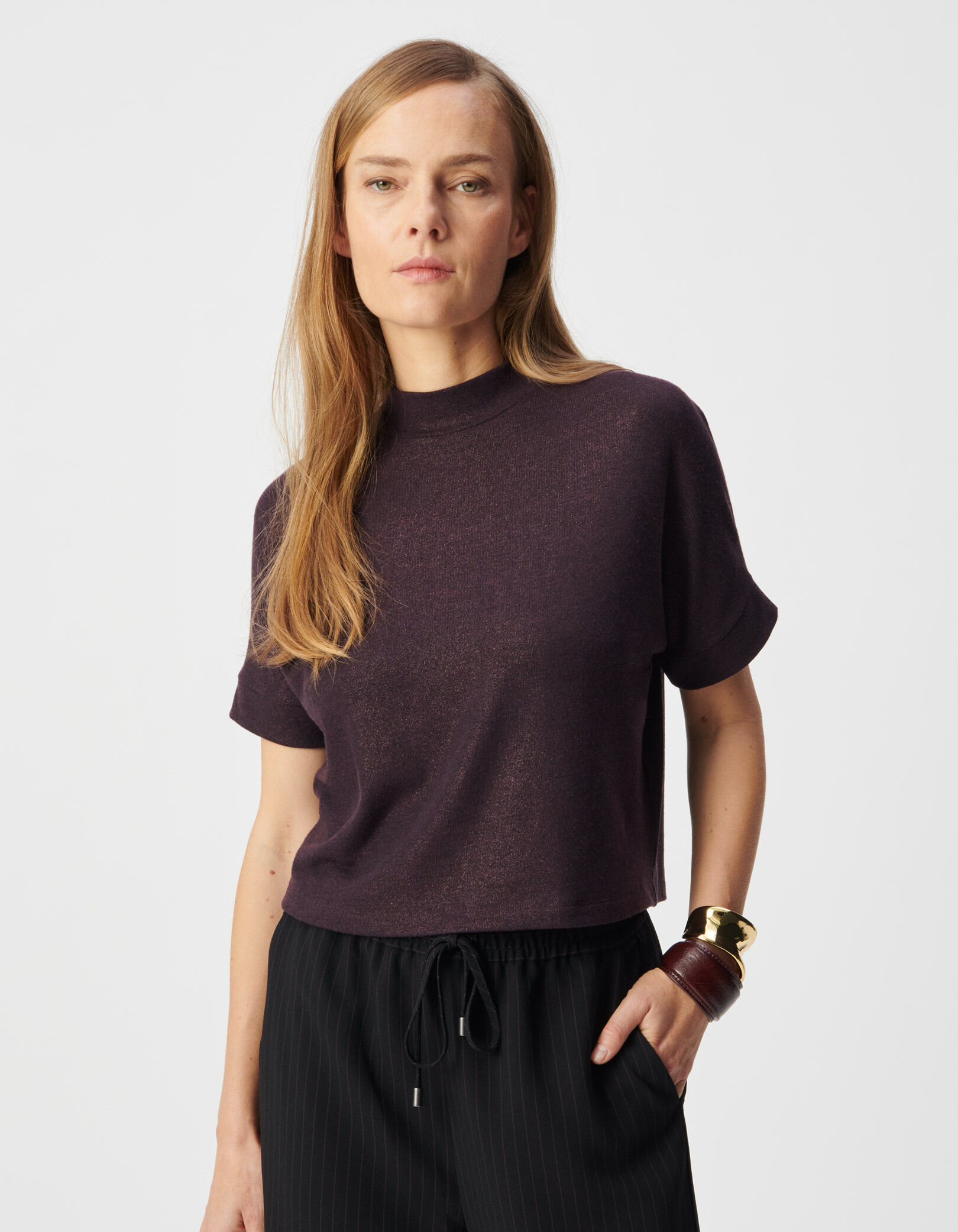 Tee-shirt manches courtes marine pailleté Femme