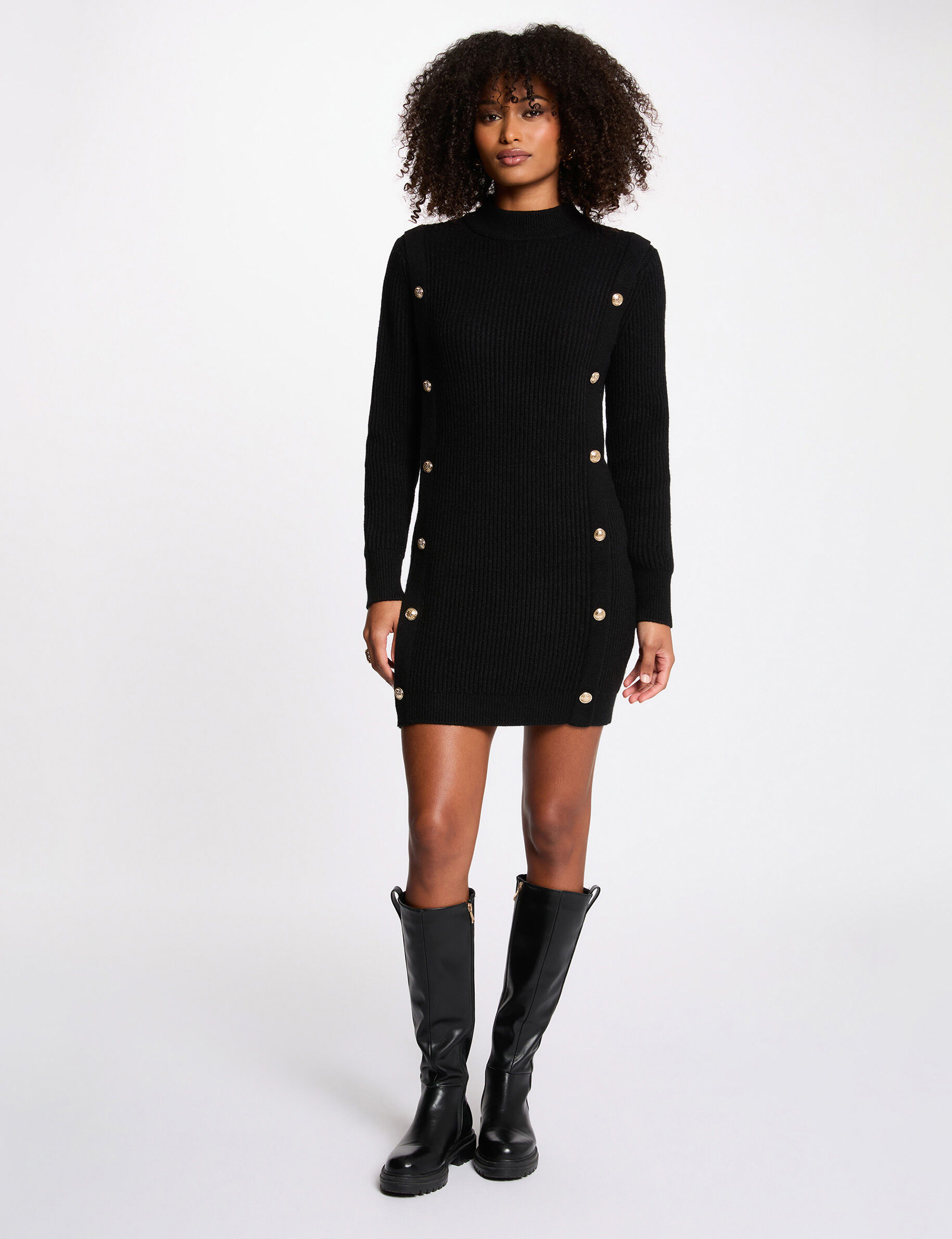 Short Knit Dress With Round Neck Black Women