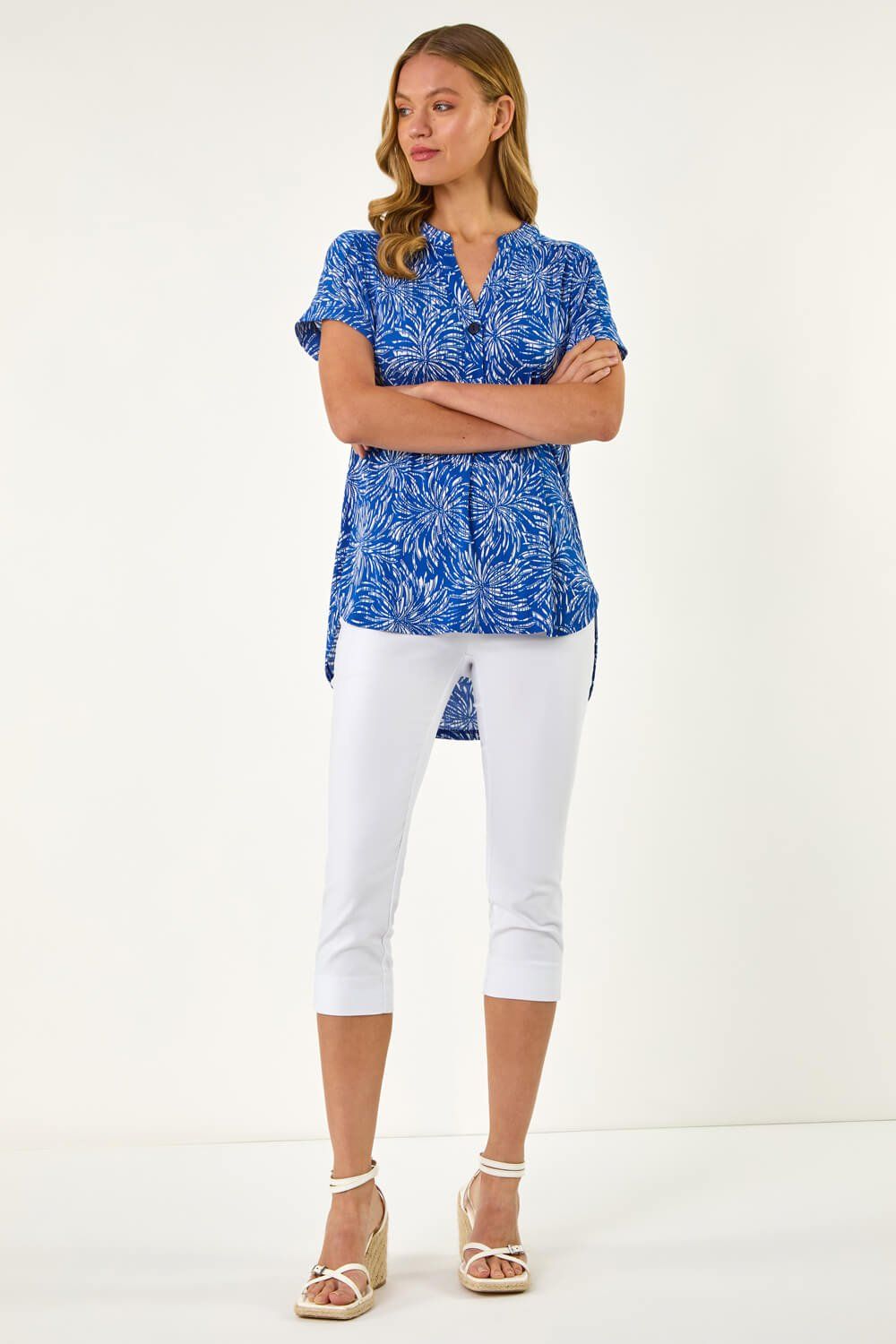 Roman Abstract Print V-Neck Stretch Top
