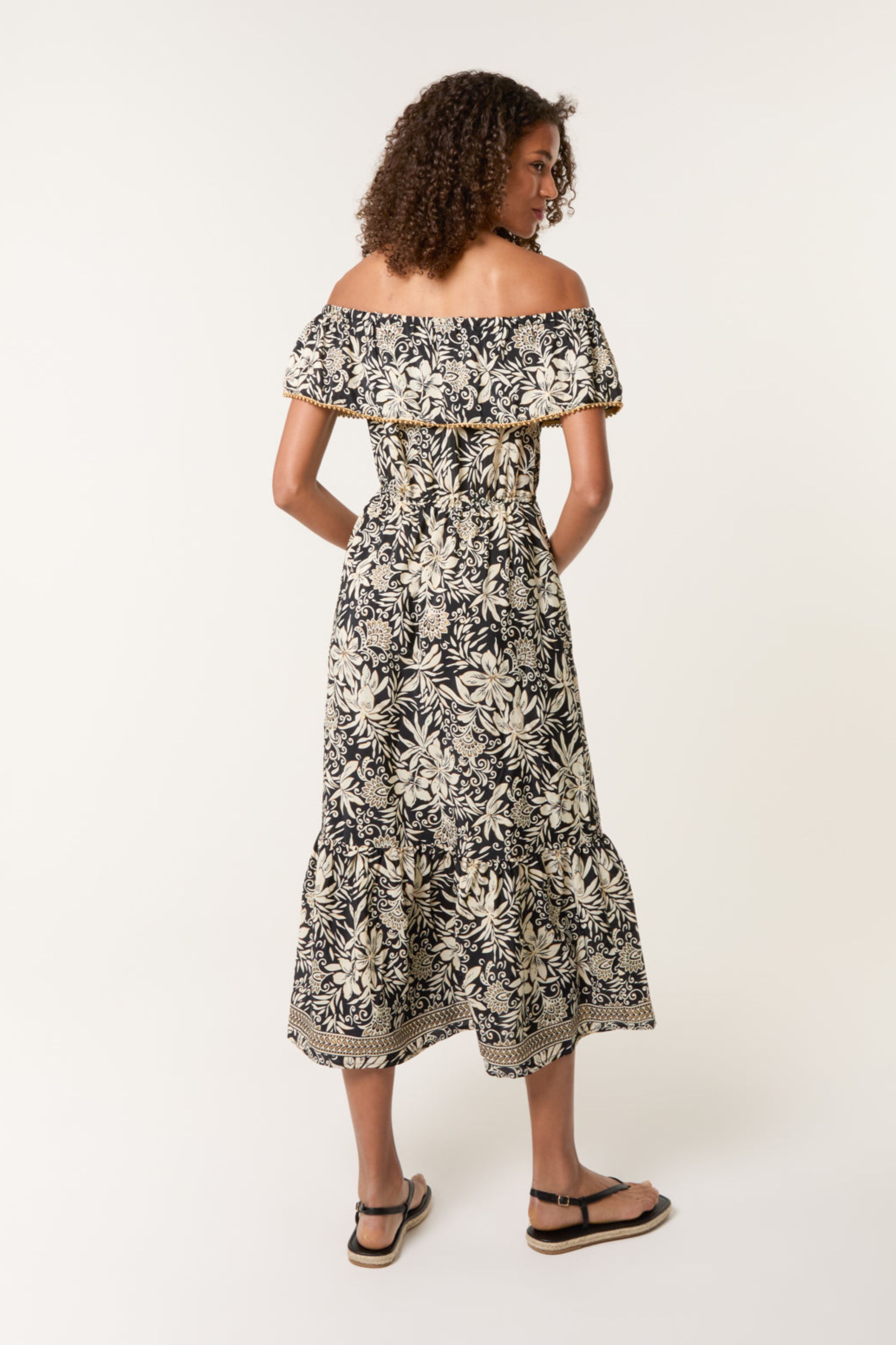 Blue Vanilla Black Gold Beaded Bardot Midi Dress