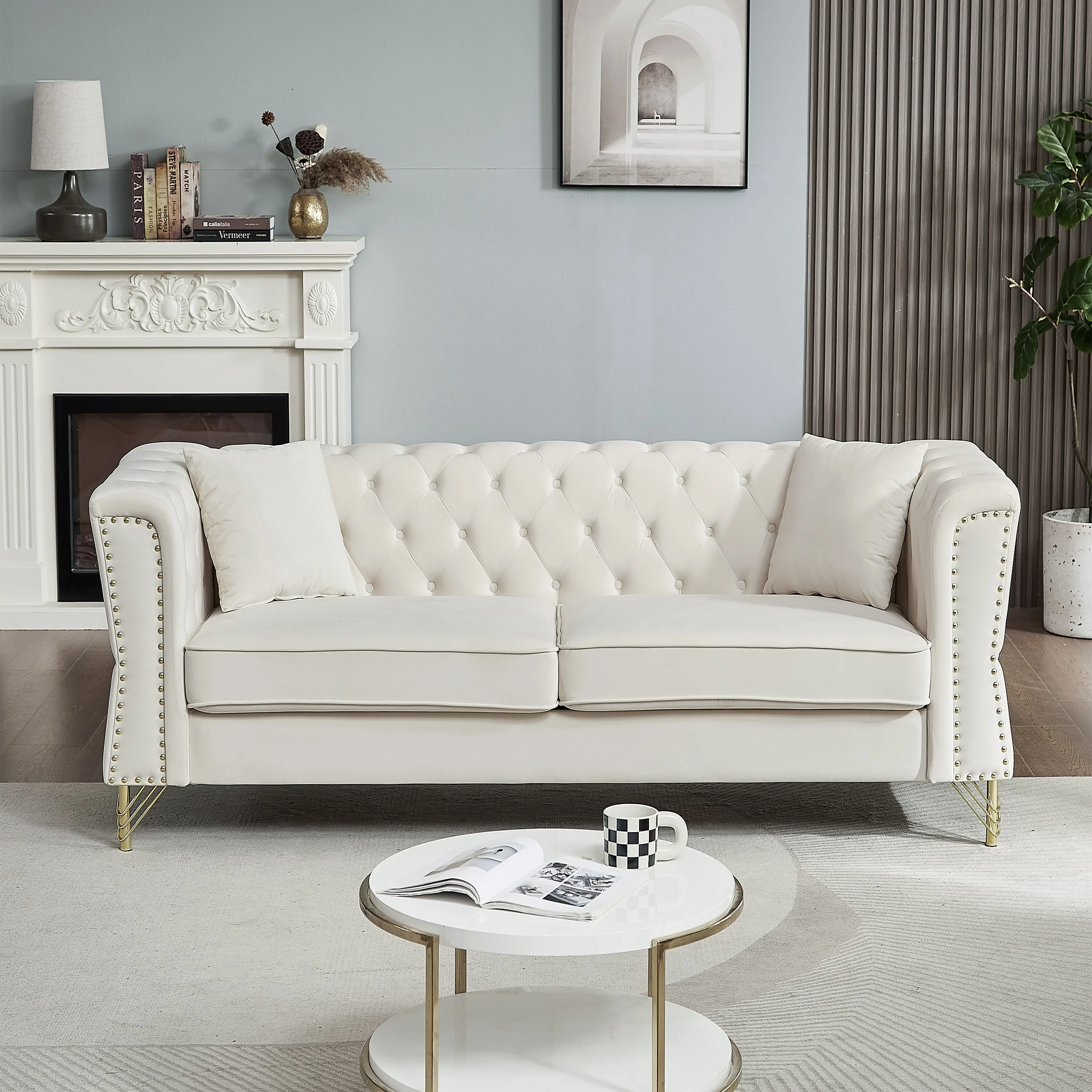 Beige 81.8'' Velvet 3-Seater Sofa with Metal Feet, Nailhead Trim, and Foam Padding