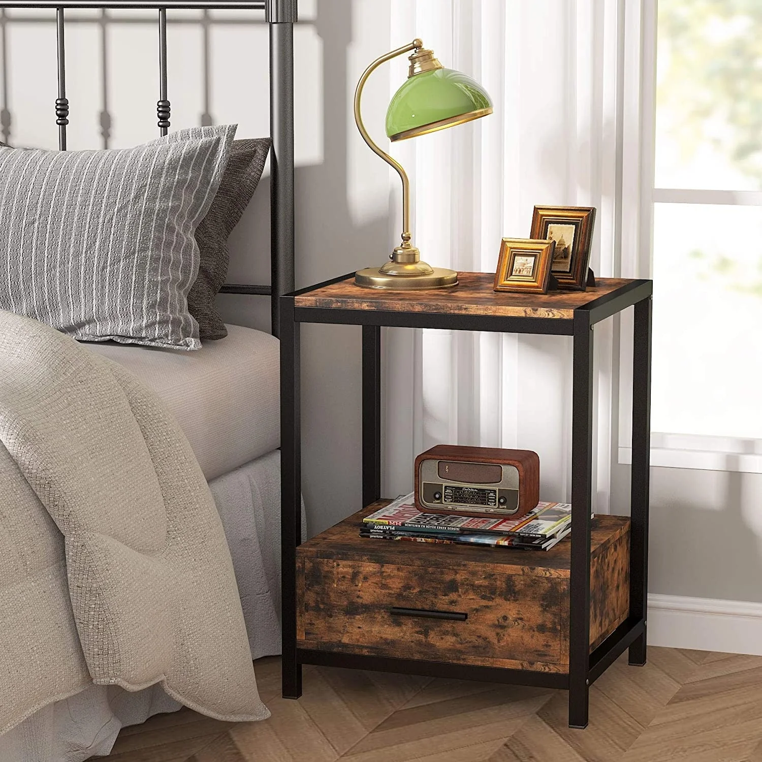 White and Gold Nightstands with Drawer and Storage Shelf