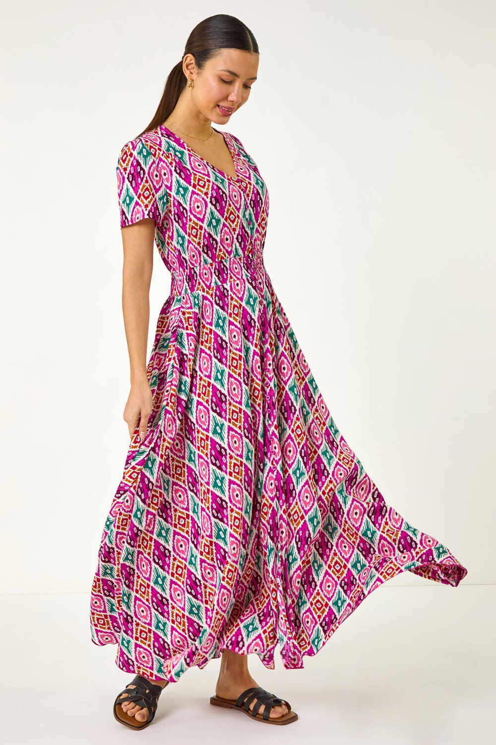 Roman Ikat Print Button Through Maxi Dress