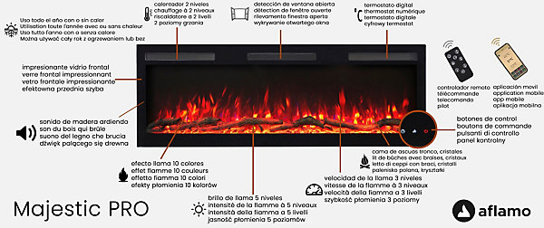 Cheminée électrique AFLAMO Majestic 183 PRO - murale ou encastrable - 183x45x13 cm - cheminée LED avec chauffage 750/1500 W