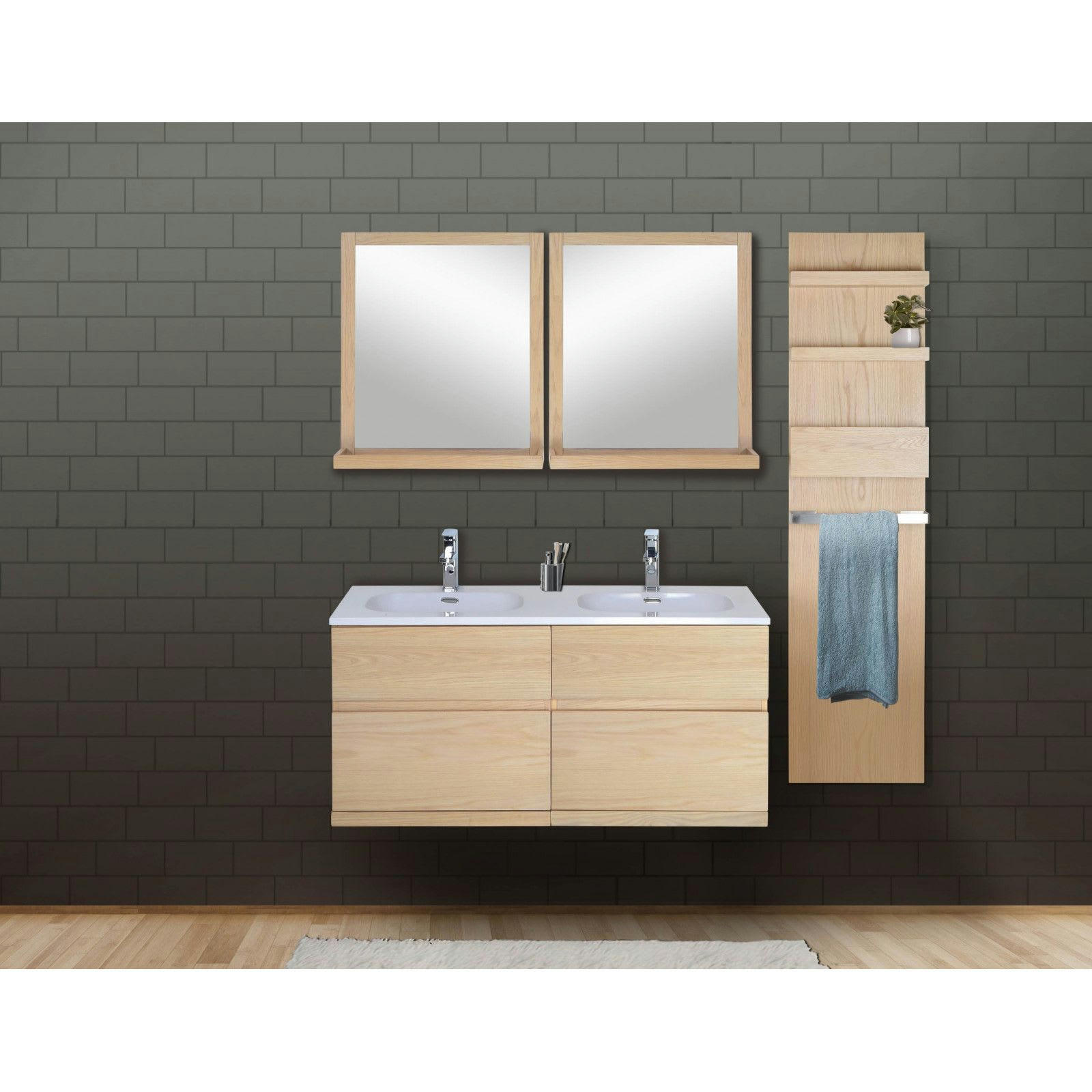 ENIO - Meuble sous vasque chêne avec plan résine  120cm + miroir + colonne